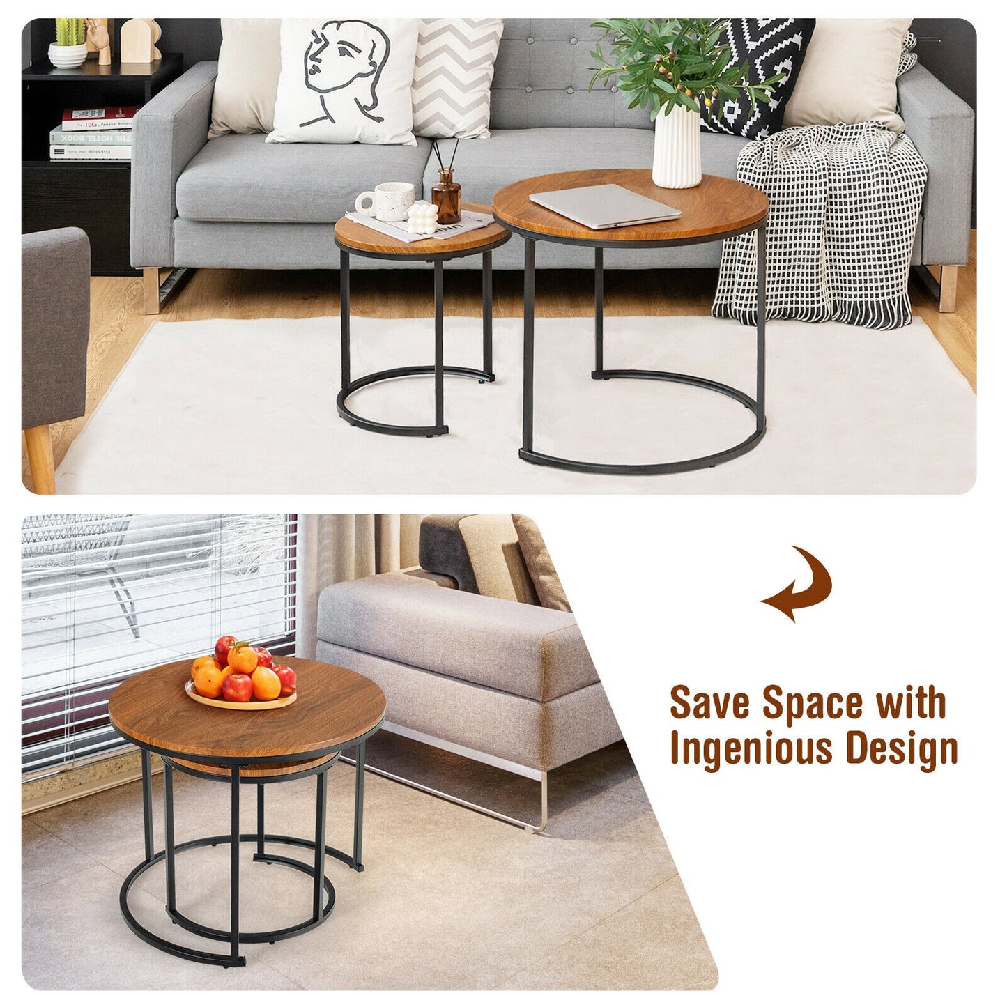 Set of 2 Stacking Round Coffee Tables with Vintage Finish and Metal Frame, Light Brown