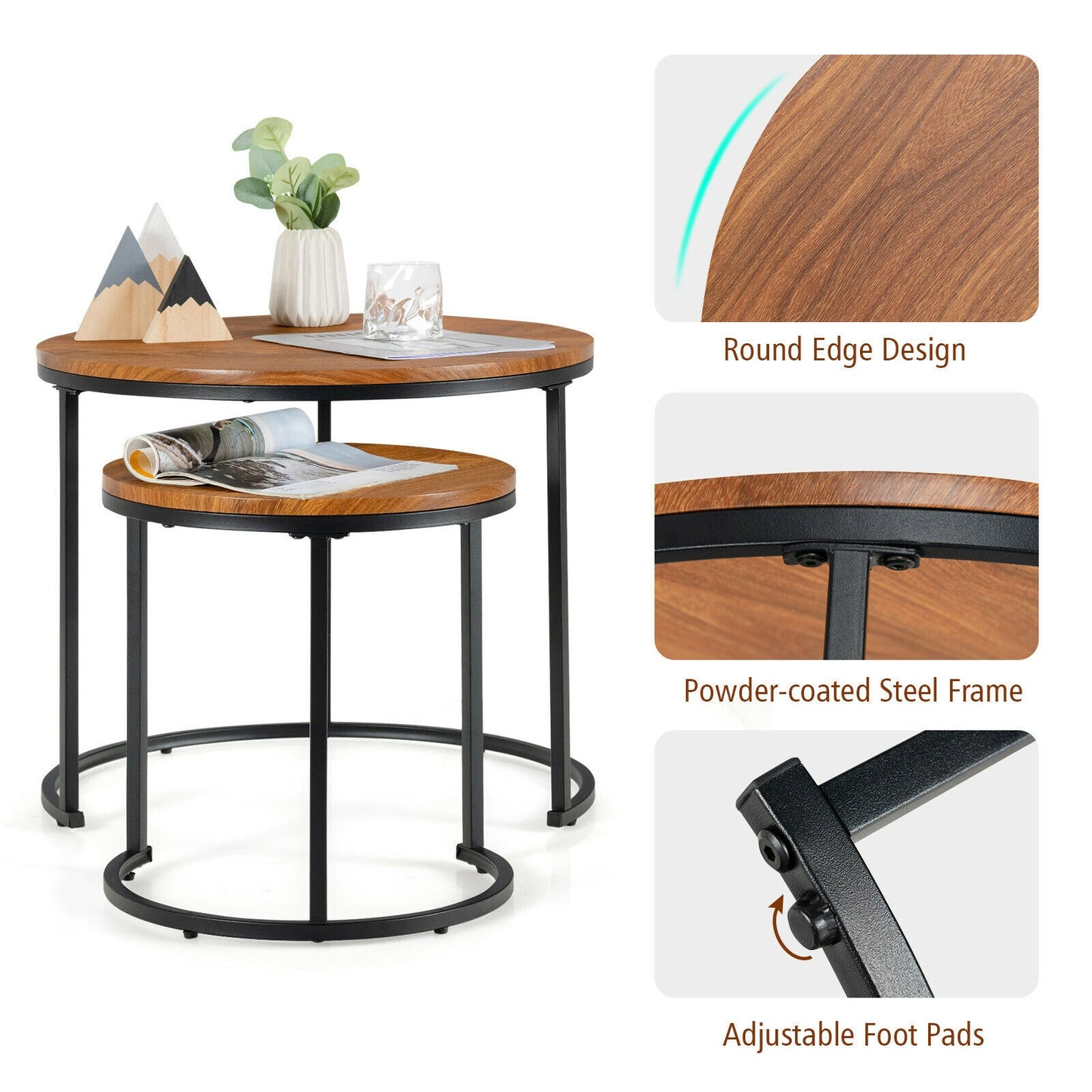 Set of 2 Stacking Round Coffee Tables with Vintage Finish and Metal Frame, Light Brown