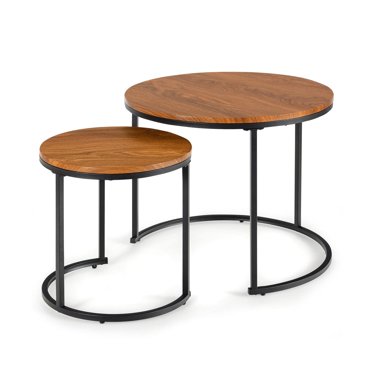 Set of 2 Stacking Round Coffee Tables with Vintage Finish and Metal Frame, Light Brown