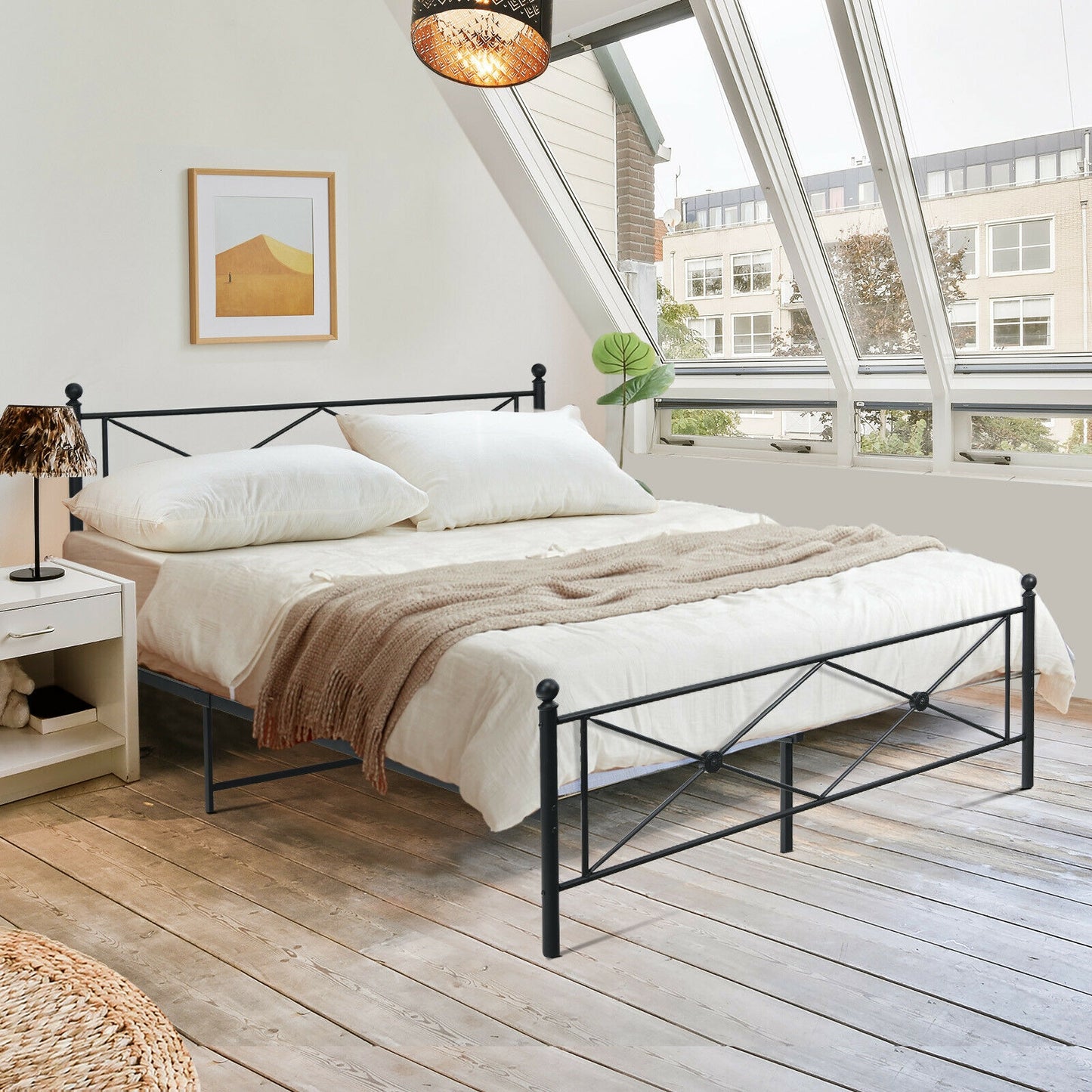 Sturdy Metal Platform Bed Frame with Headboard – Queen Size