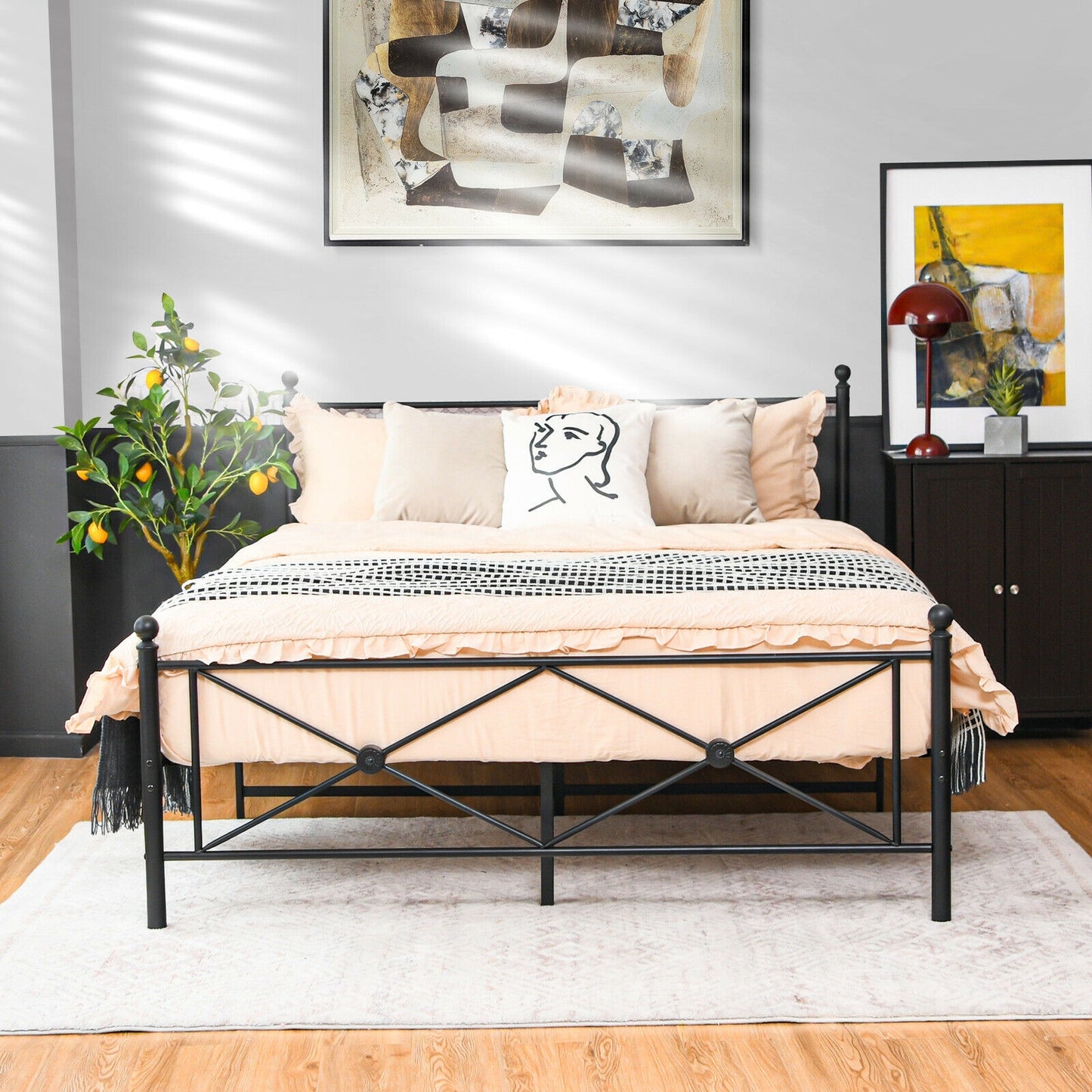 Sturdy Metal Platform Bed Frame with Headboard – Queen Size