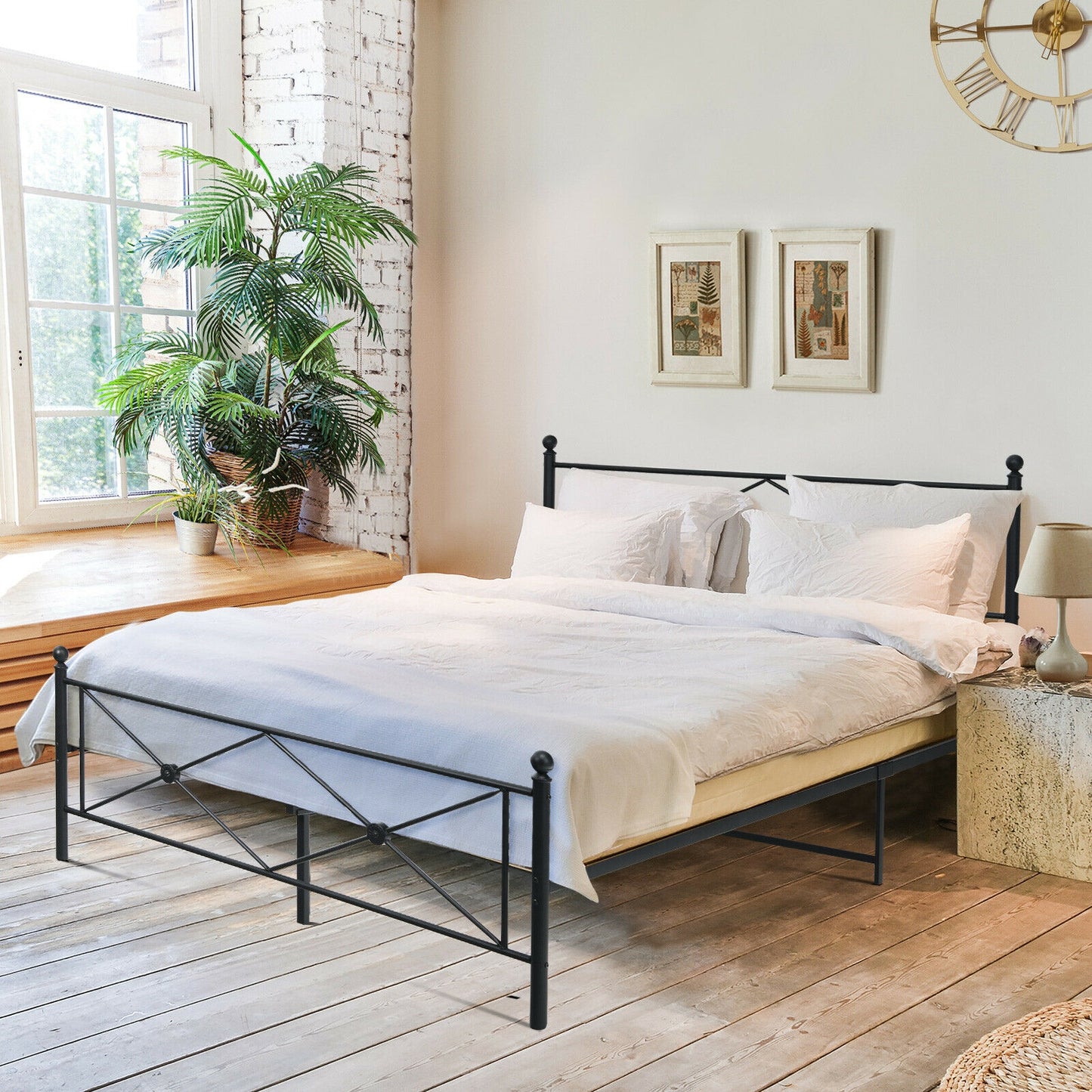 Sturdy Metal Platform Bed Frame with Headboard – Queen Size
