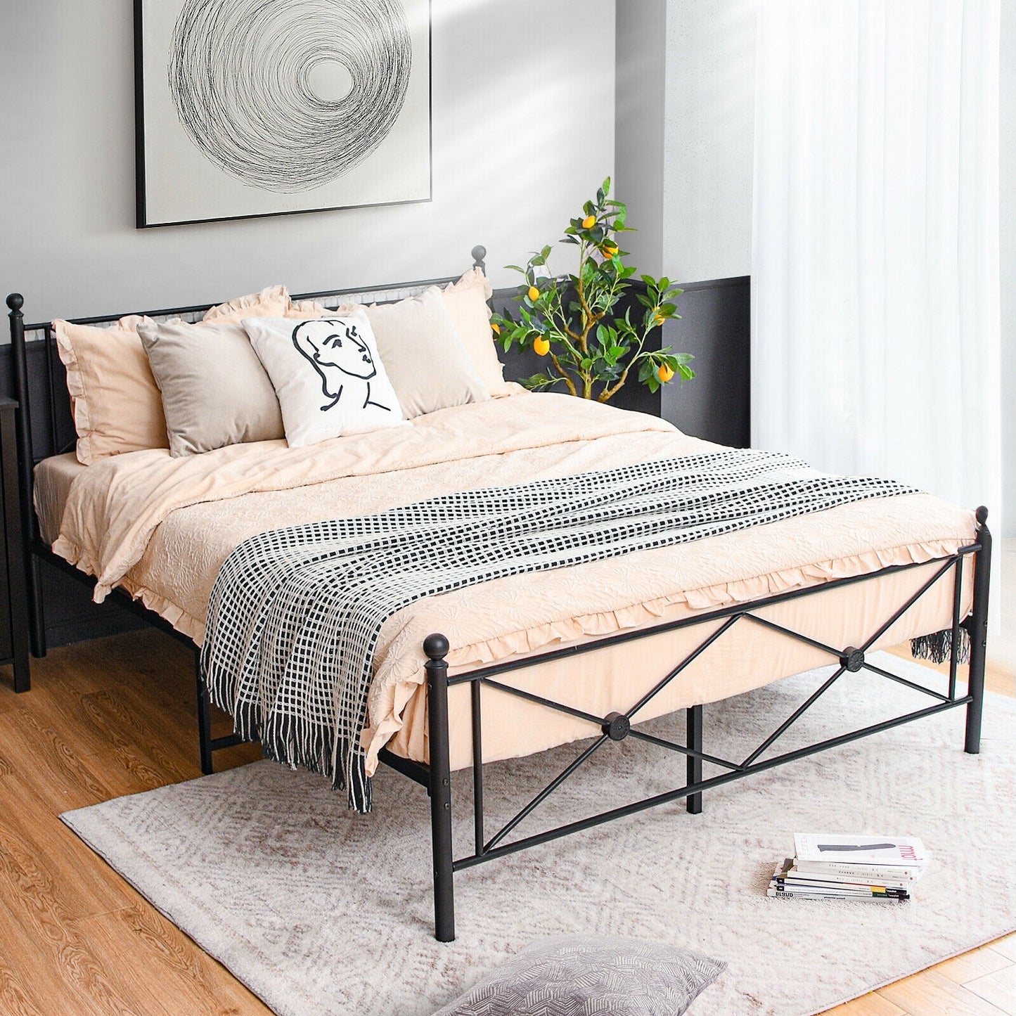 Sturdy Metal Platform Bed Frame with Headboard – Queen Size