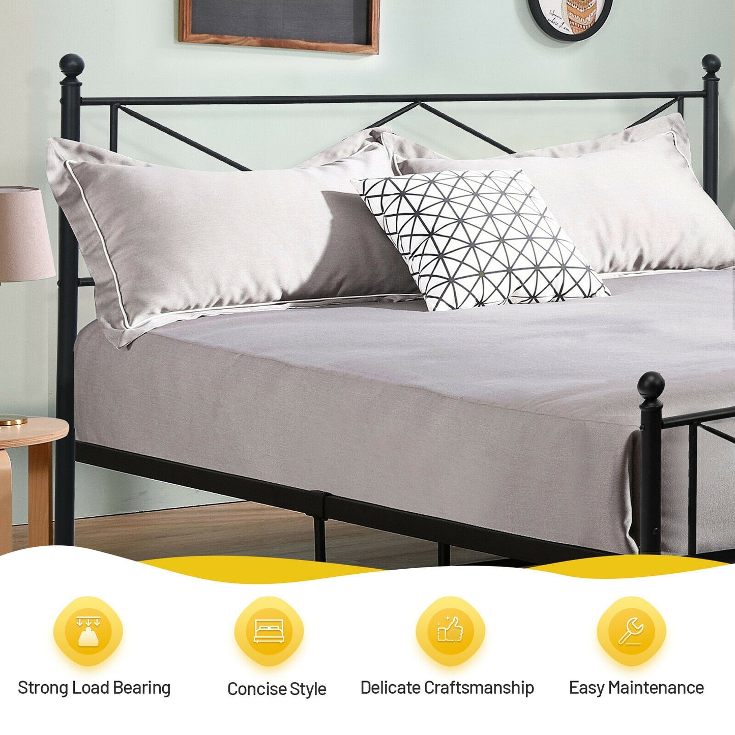 Sturdy Metal Platform Bed Frame with Headboard – Queen Size
