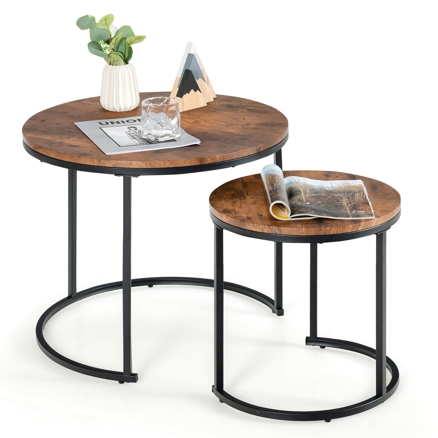 Set of 2 Stacking Round Coffee Tables with Vintage Finish and Metal Frame, Rustic Brown