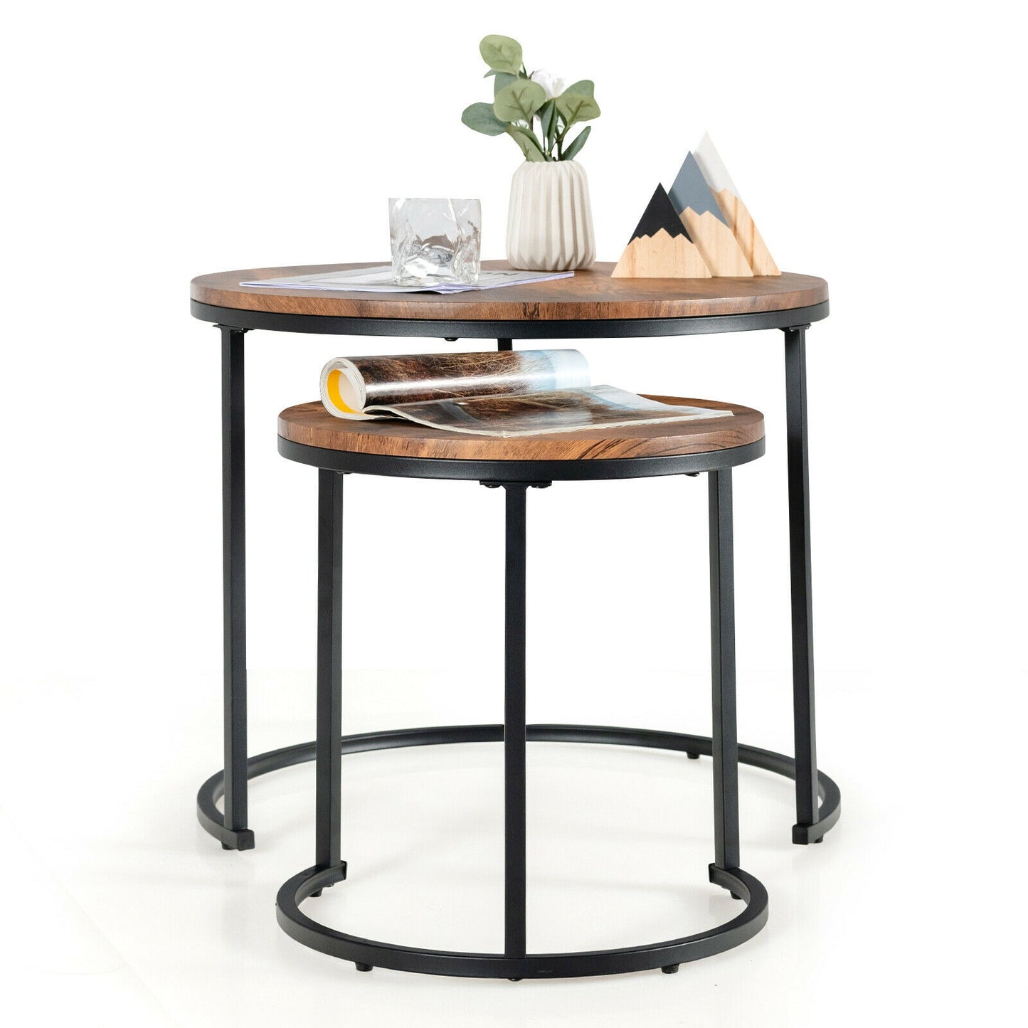 Set of 2 Stacking Round Coffee Tables with Vintage Finish and Metal Frame, Rustic Brown