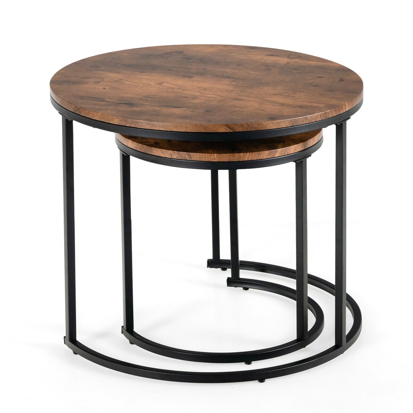 Set of 2 Stacking Round Coffee Tables with Vintage Finish and Metal Frame, Rustic Brown