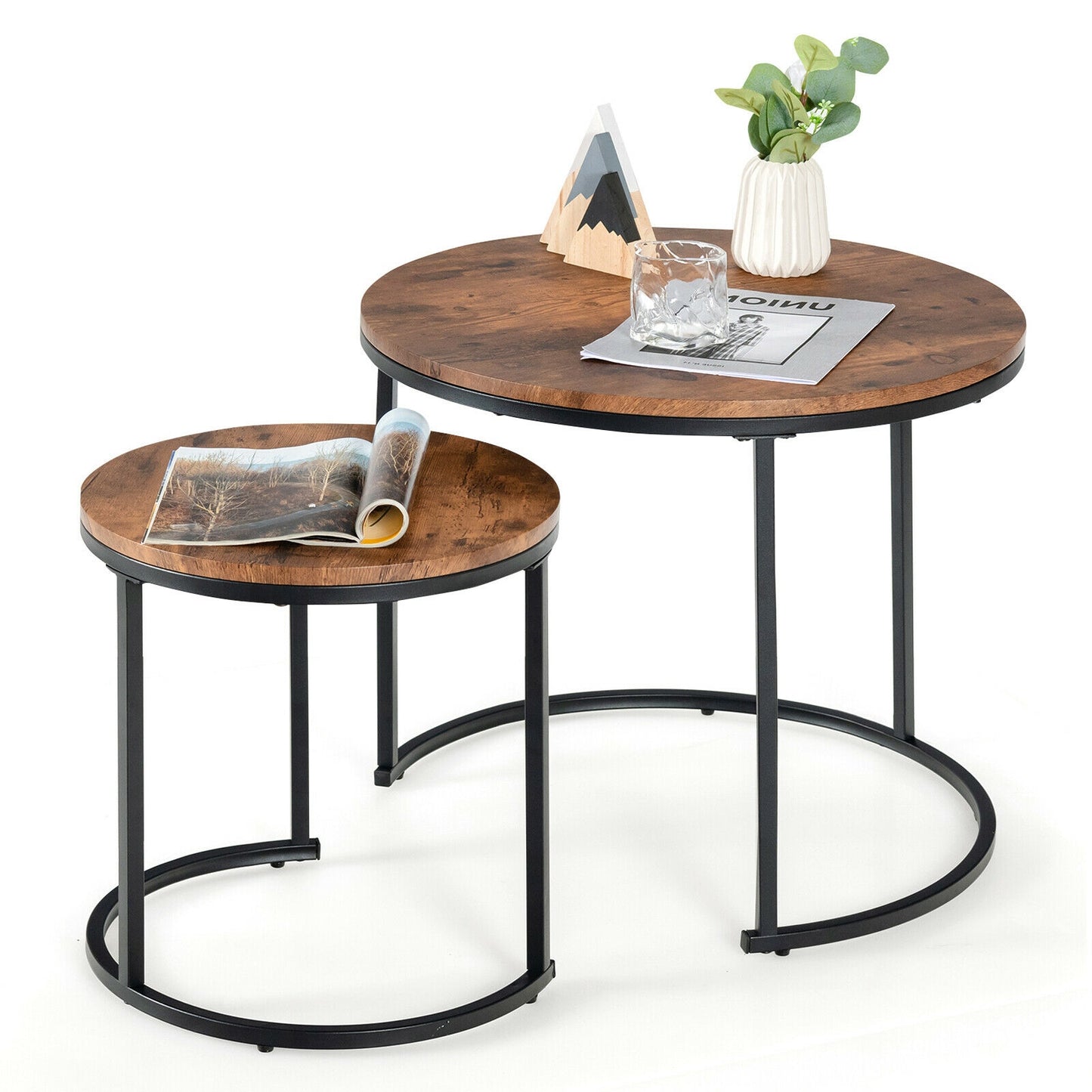 Set of 2 Stacking Round Coffee Tables with Vintage Finish and Metal Frame, Rustic Brown