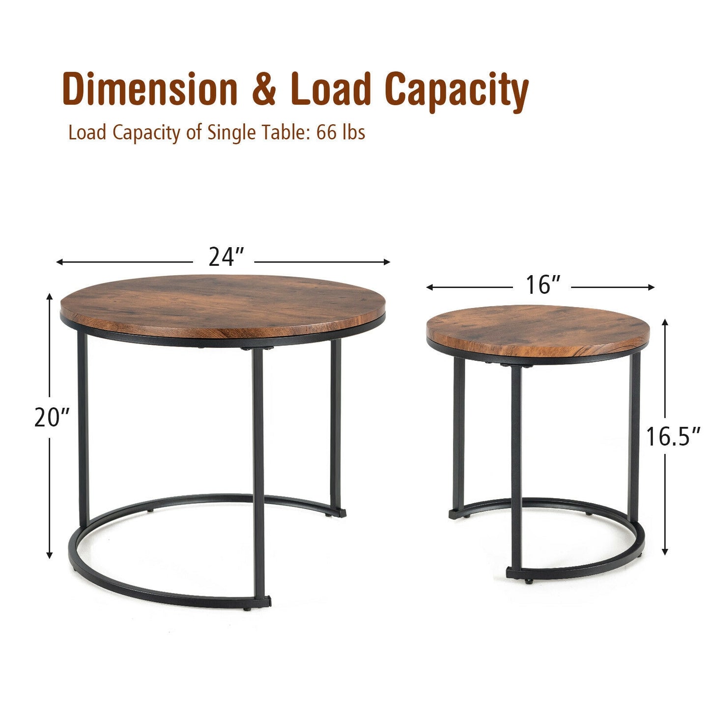 Set of 2 Stacking Round Coffee Tables with Vintage Finish and Metal Frame, Rustic Brown