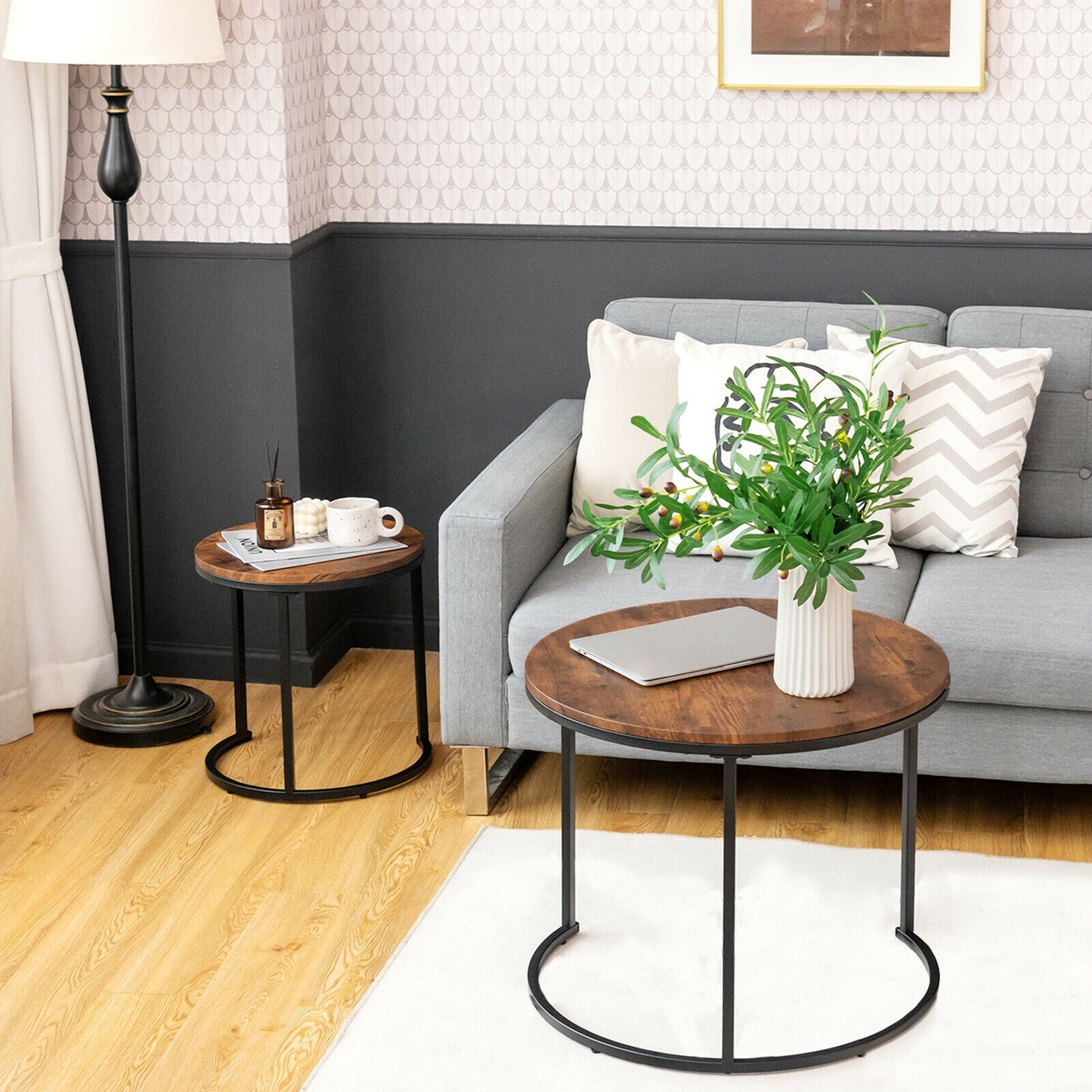 Set of 2 Stacking Round Coffee Tables with Vintage Finish and Metal Frame, Rustic Brown