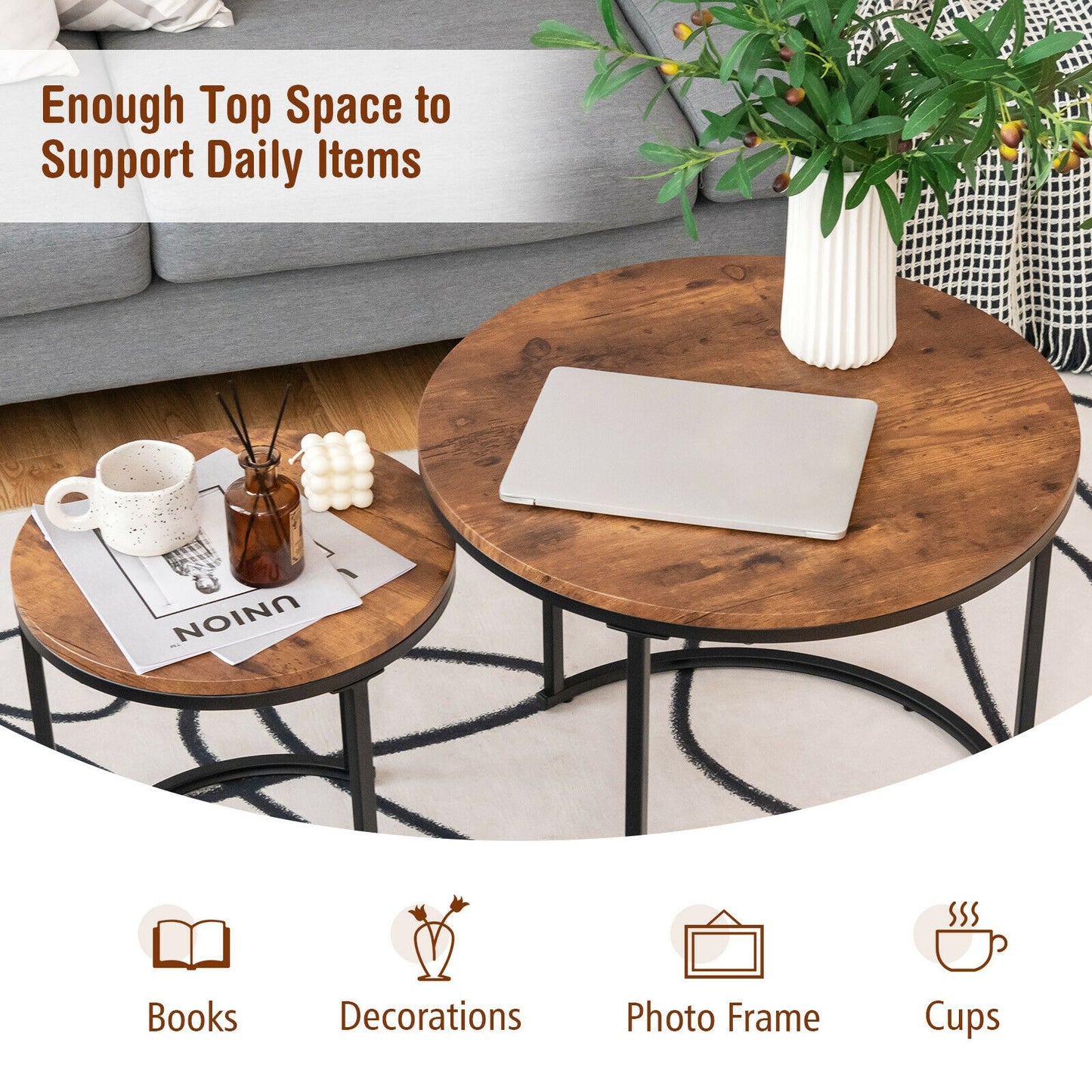 Set of 2 Stacking Round Coffee Tables with Vintage Finish and Metal Frame, Rustic Brown