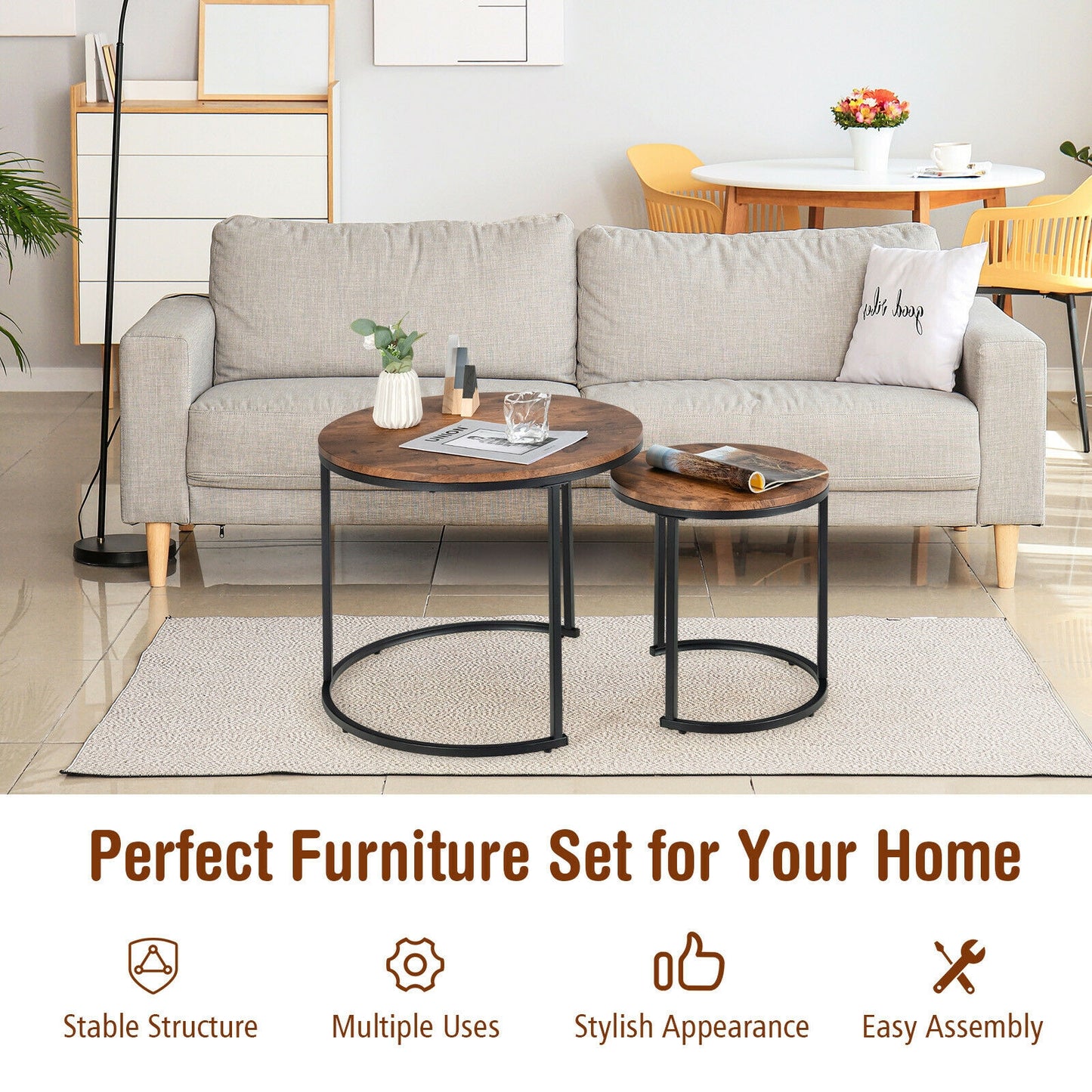 Set of 2 Stacking Round Coffee Tables with Vintage Finish and Metal Frame, Rustic Brown