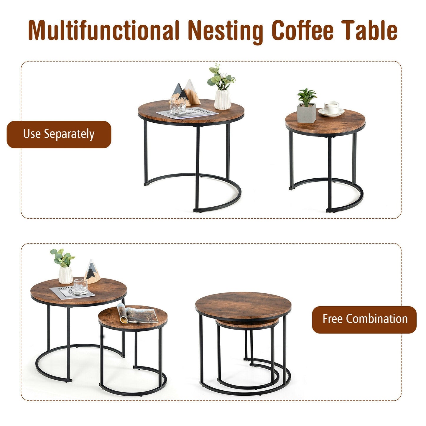 Set of 2 Stacking Round Coffee Tables with Vintage Finish and Metal Frame, Rustic Brown