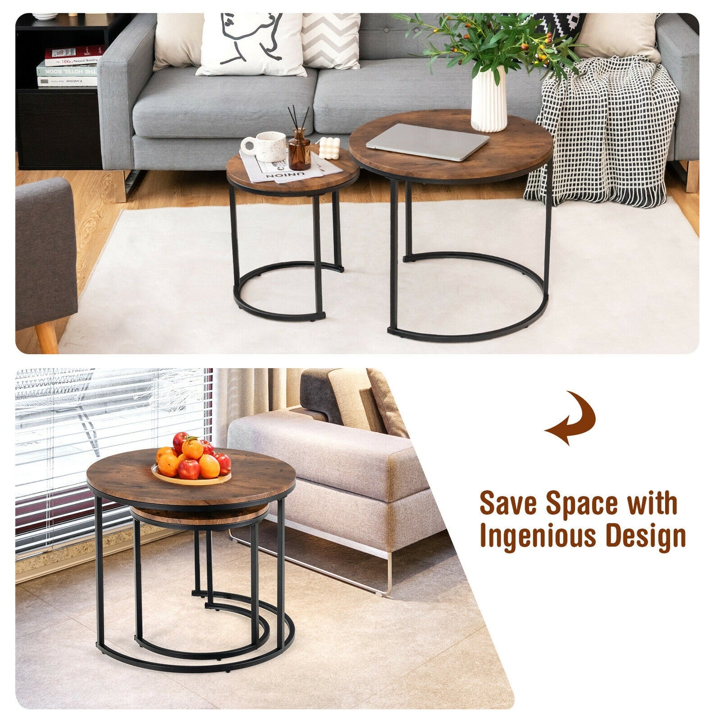 Set of 2 Stacking Round Coffee Tables with Vintage Finish and Metal Frame, Rustic Brown