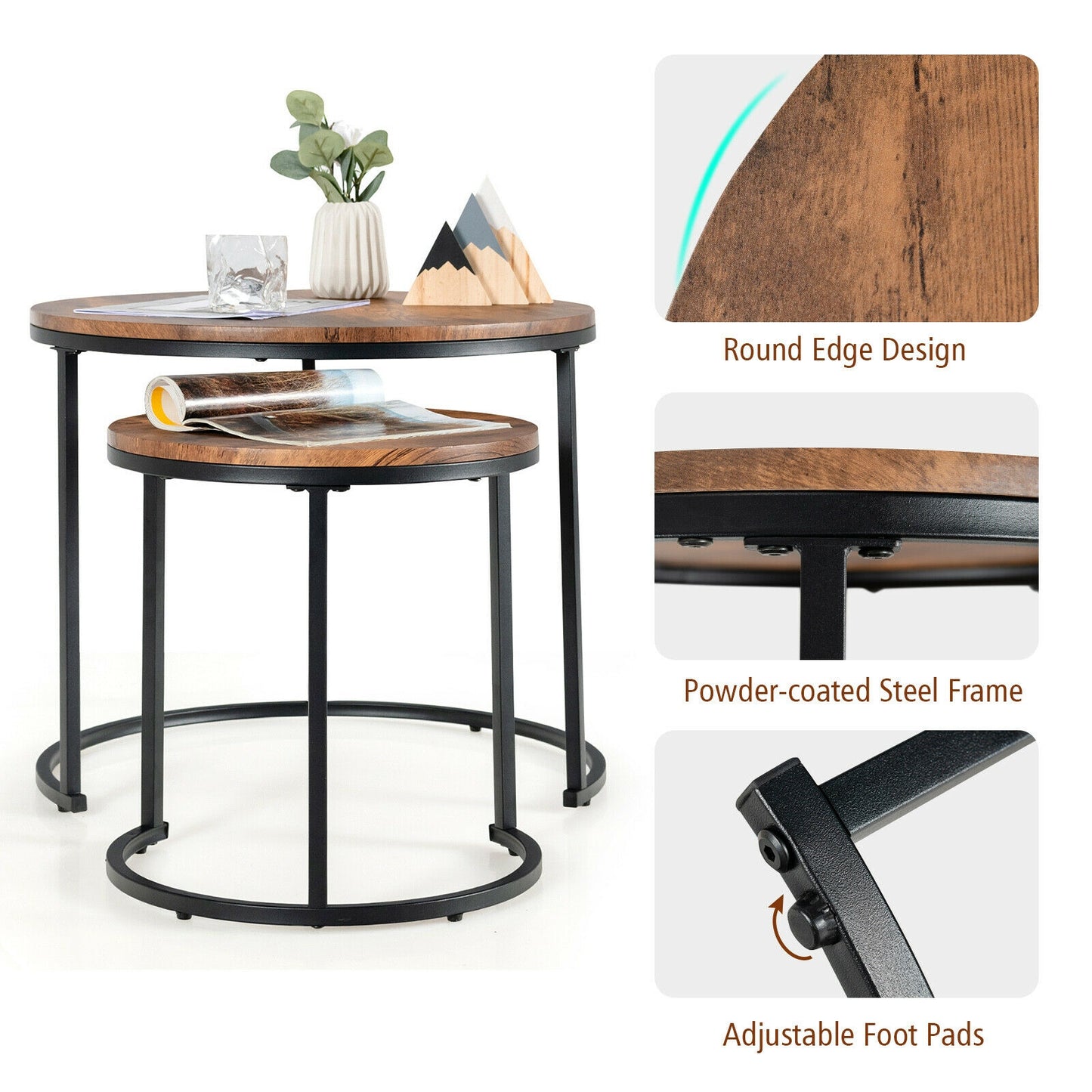 Set of 2 Stacking Round Coffee Tables with Vintage Finish and Metal Frame, Rustic Brown