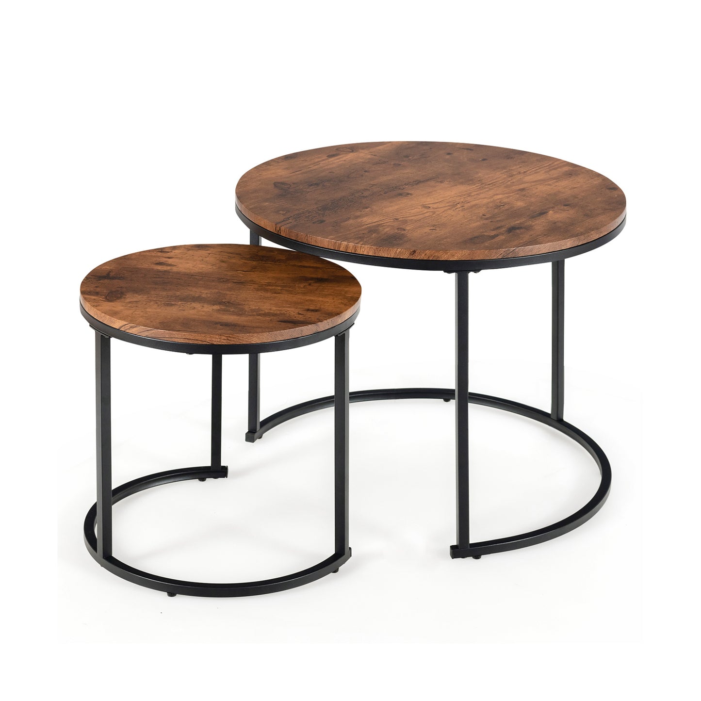 Set of 2 Stacking Round Coffee Tables with Vintage Finish and Metal Frame, Rustic Brown