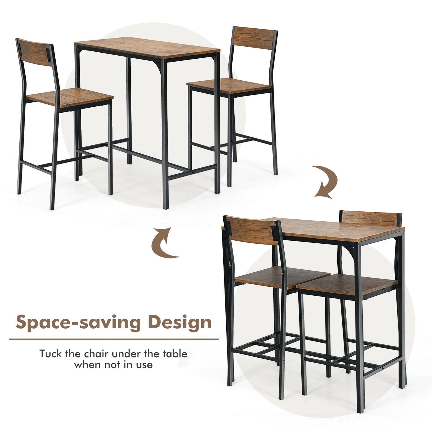 Space-saving bar table and chairs set with text indicating a space-saving design.