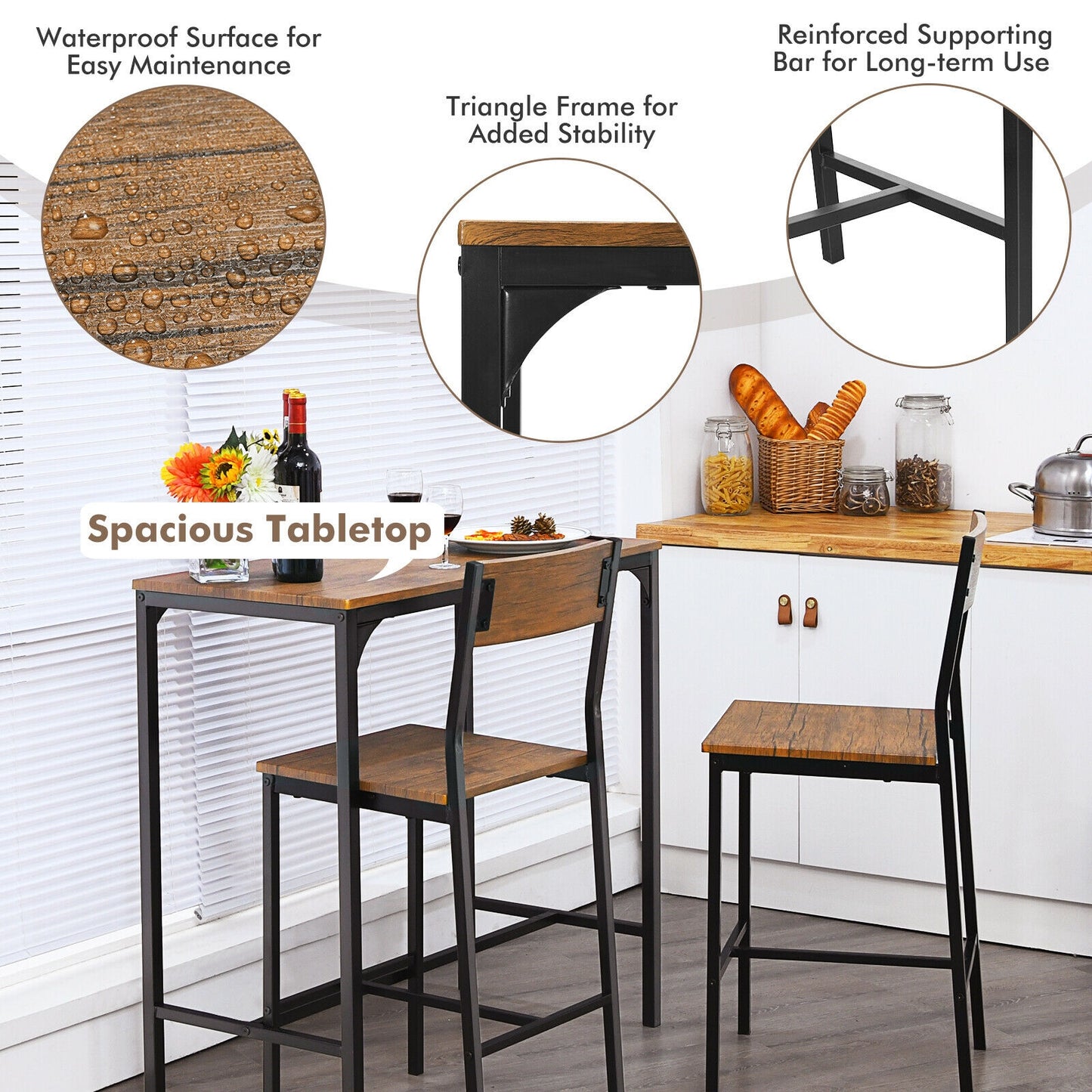 Kitchen table set with chairs, highlighting features like waterproof surface, triangle frame, and spacious tabletop.