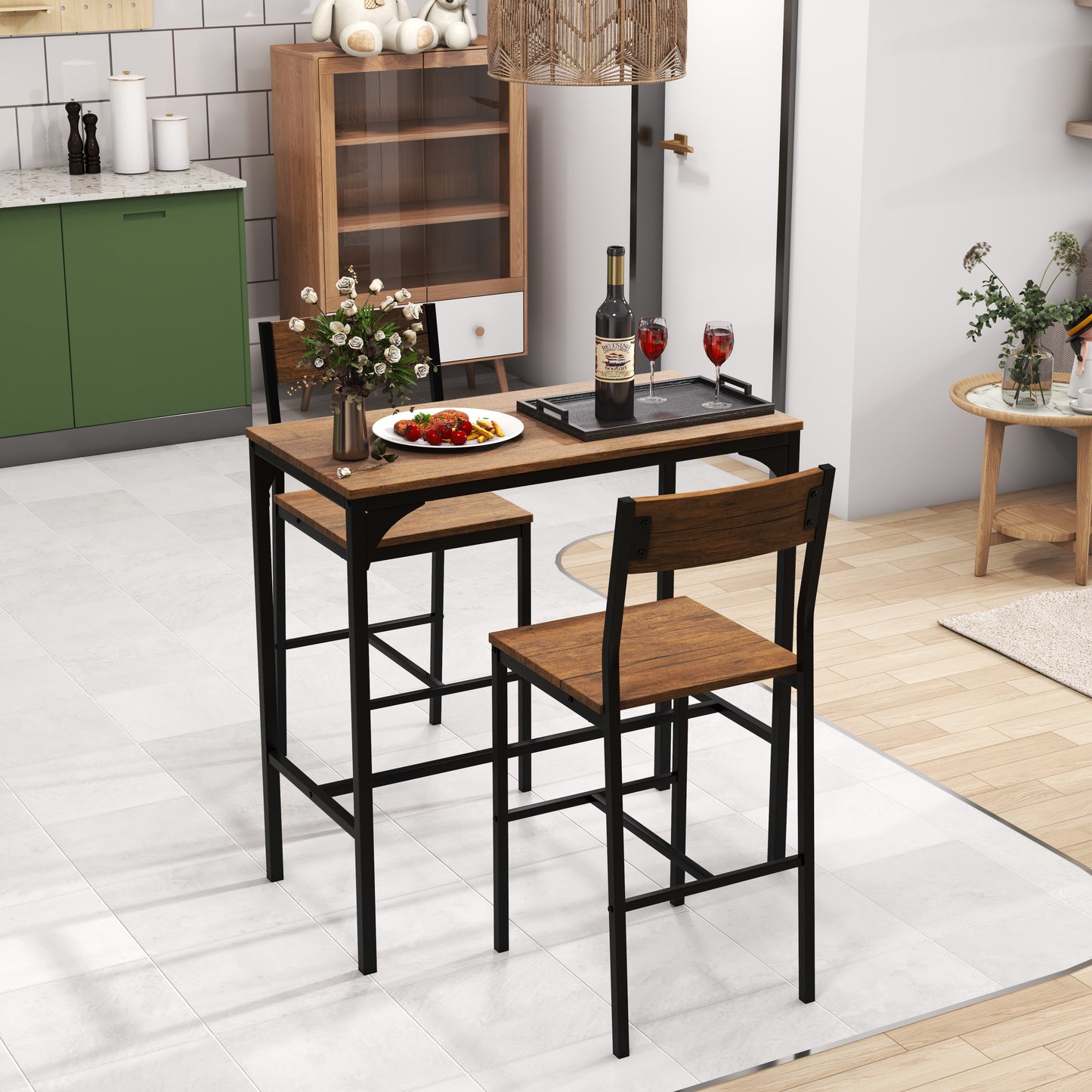 Modern 3 Piece Pub Dining Set with Bar Height Table and Two Ergonomic Stools - Black