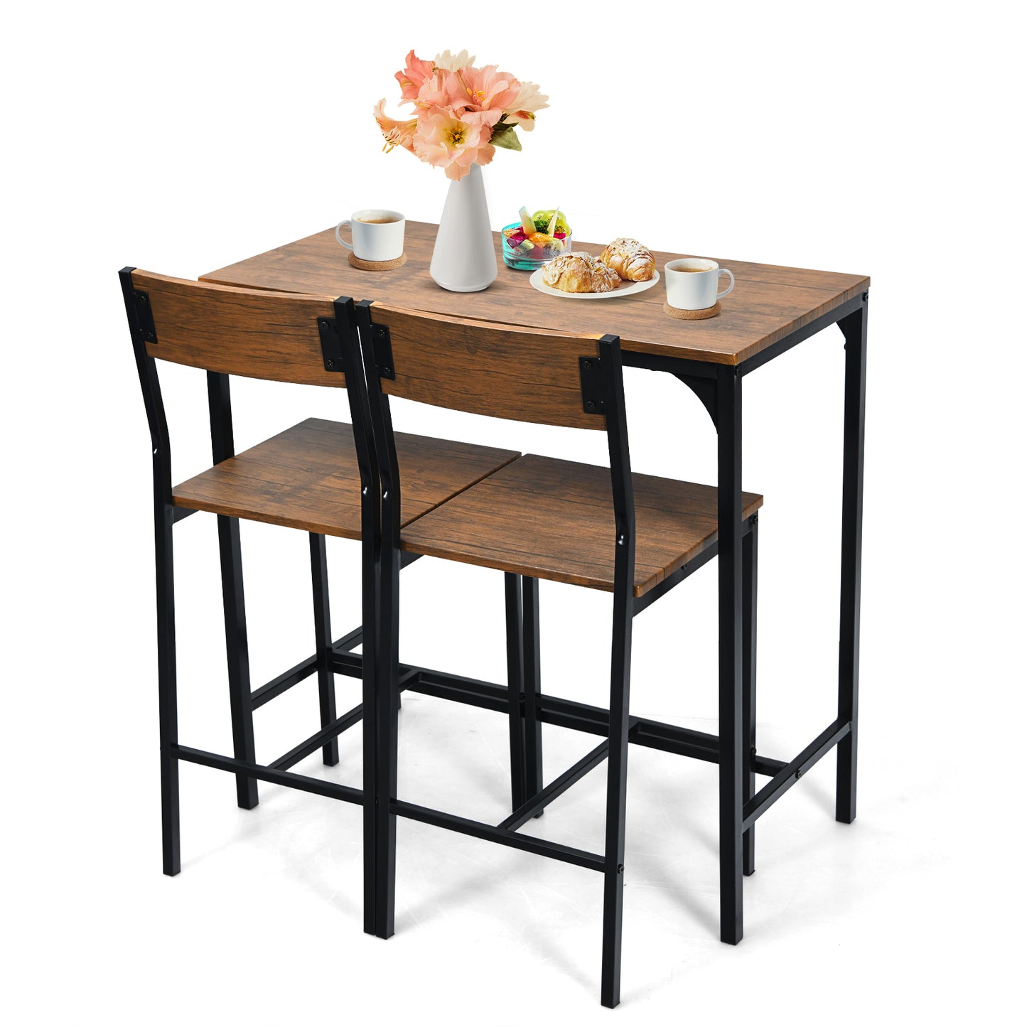 Modern 3 Piece Pub Dining Set with Bar Height Table and Two Ergonomic Stools - Black