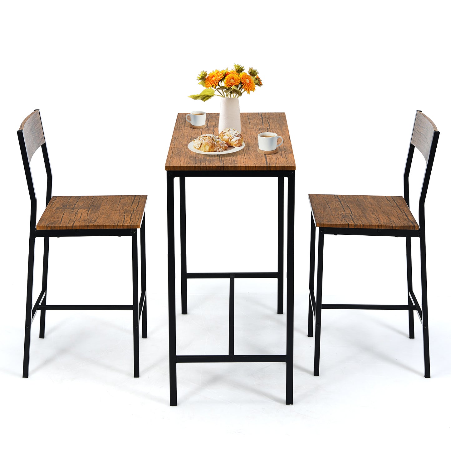 Modern 3 Piece Pub Dining Set with Bar Height Table and Two Ergonomic Stools - Black