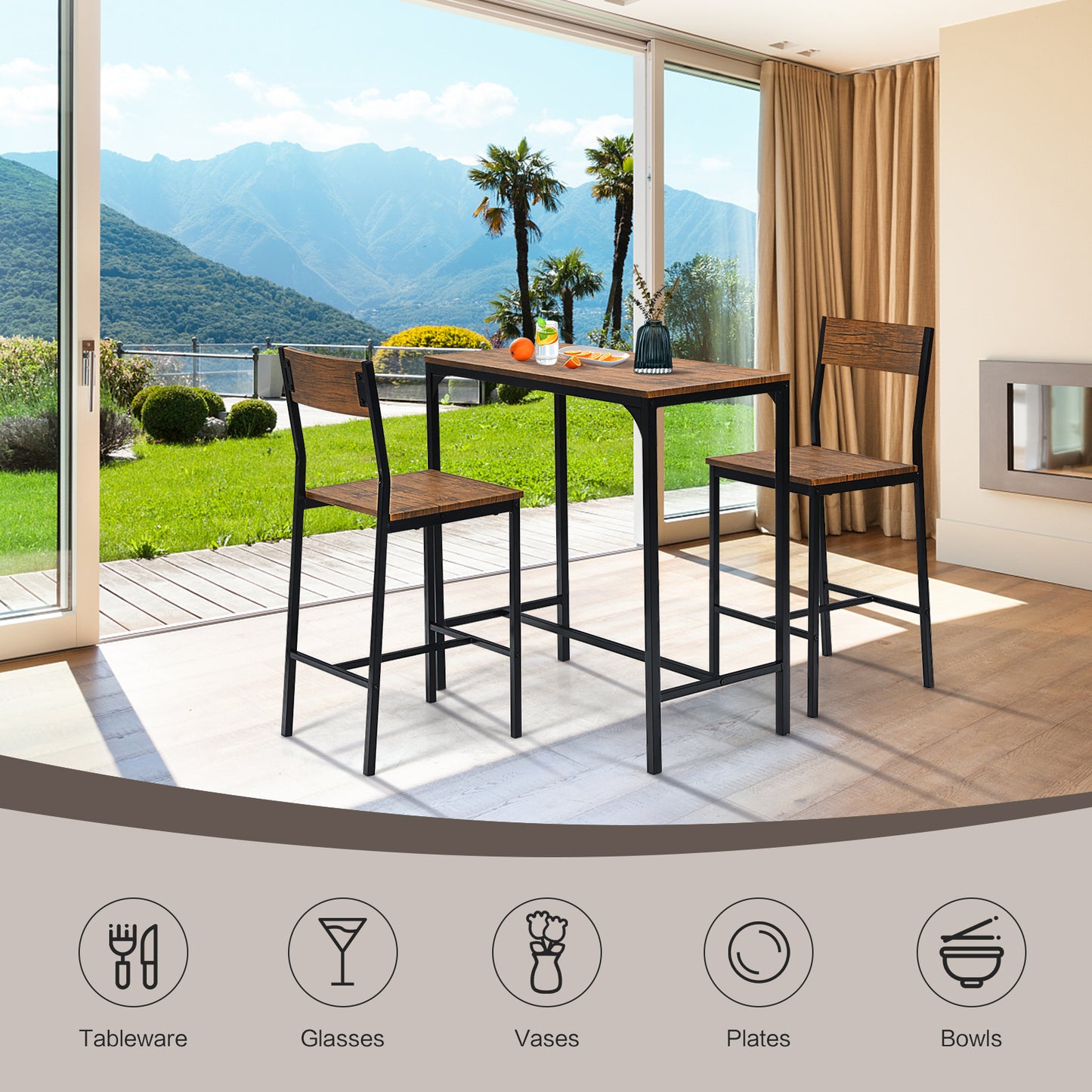 Modern 3 Piece Pub Dining Set with Bar Height Table and Two Ergonomic Stools - Black