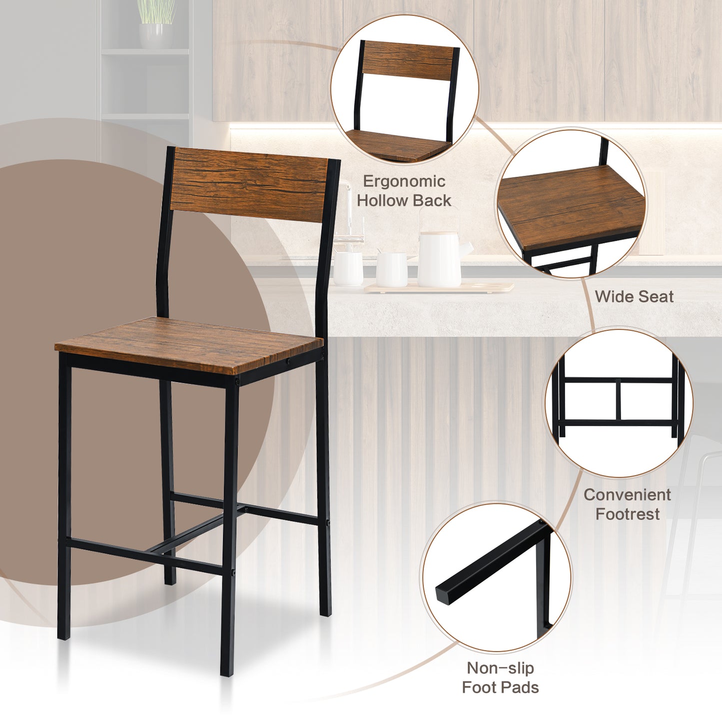 Wooden bar stool with black metal frame on a white background, highlighting features like ergonomic back, wide seat, non-slip foot pads, and convenient footrest.