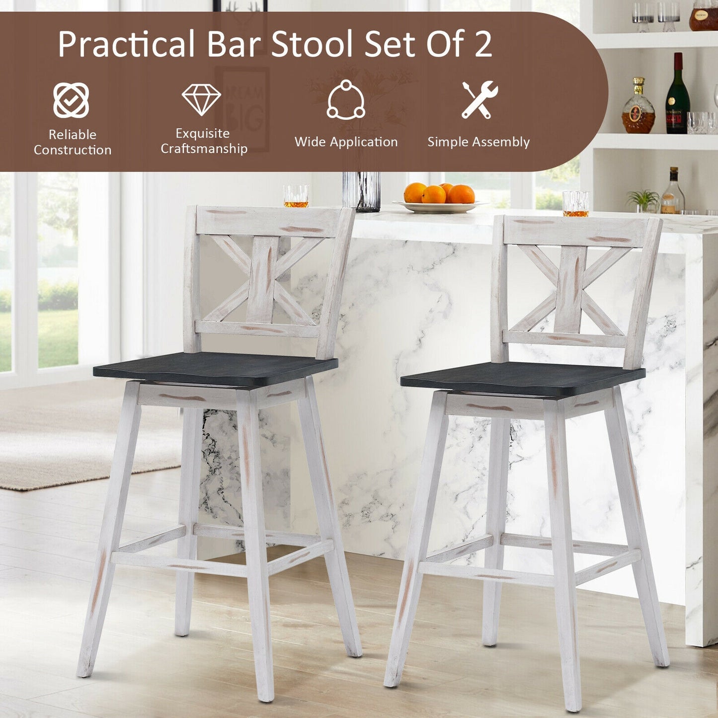 360 Degree Swivel Bar Stools Set of 2 with Backrest in White for Home or Bistro