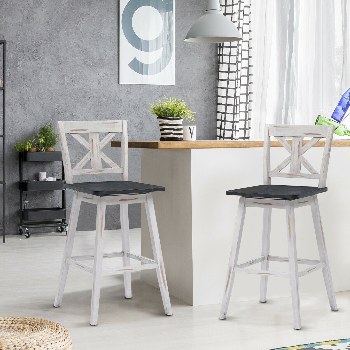 360 Degree Swivel Bar Stools Set of 2 with Backrest in White for Home or Bistro