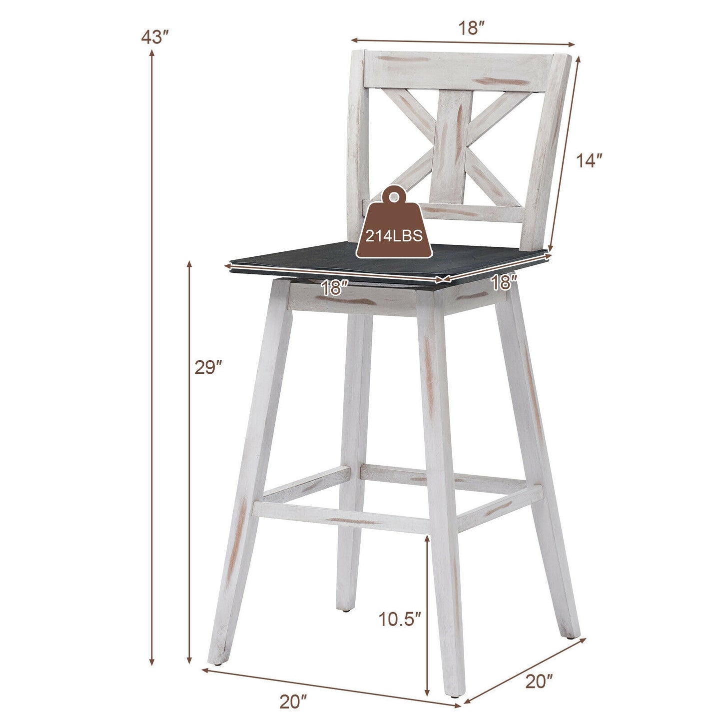 360 Degree Swivel Bar Stools Set of 2 with Backrest in White for Home or Bistro