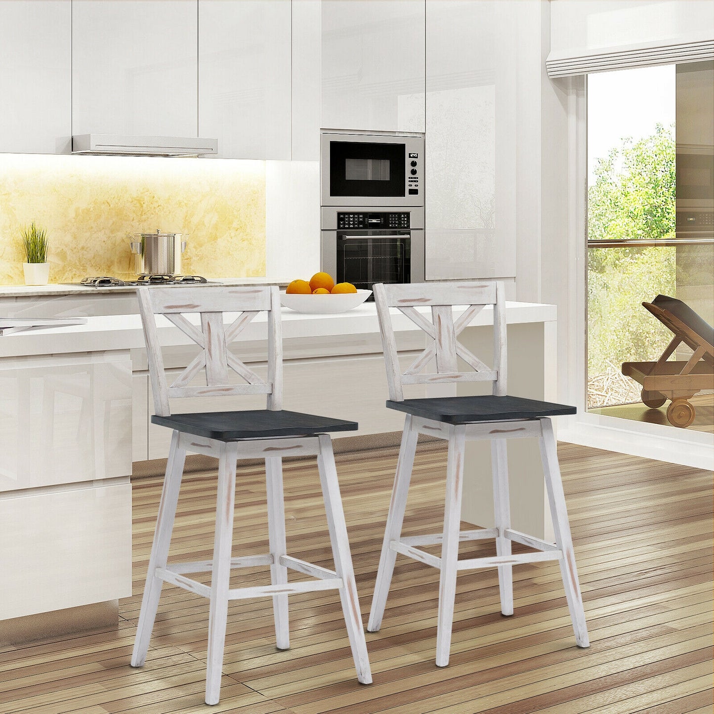 360 Degree Swivel Bar Stools Set of 2 with Backrest in White for Home or Bistro