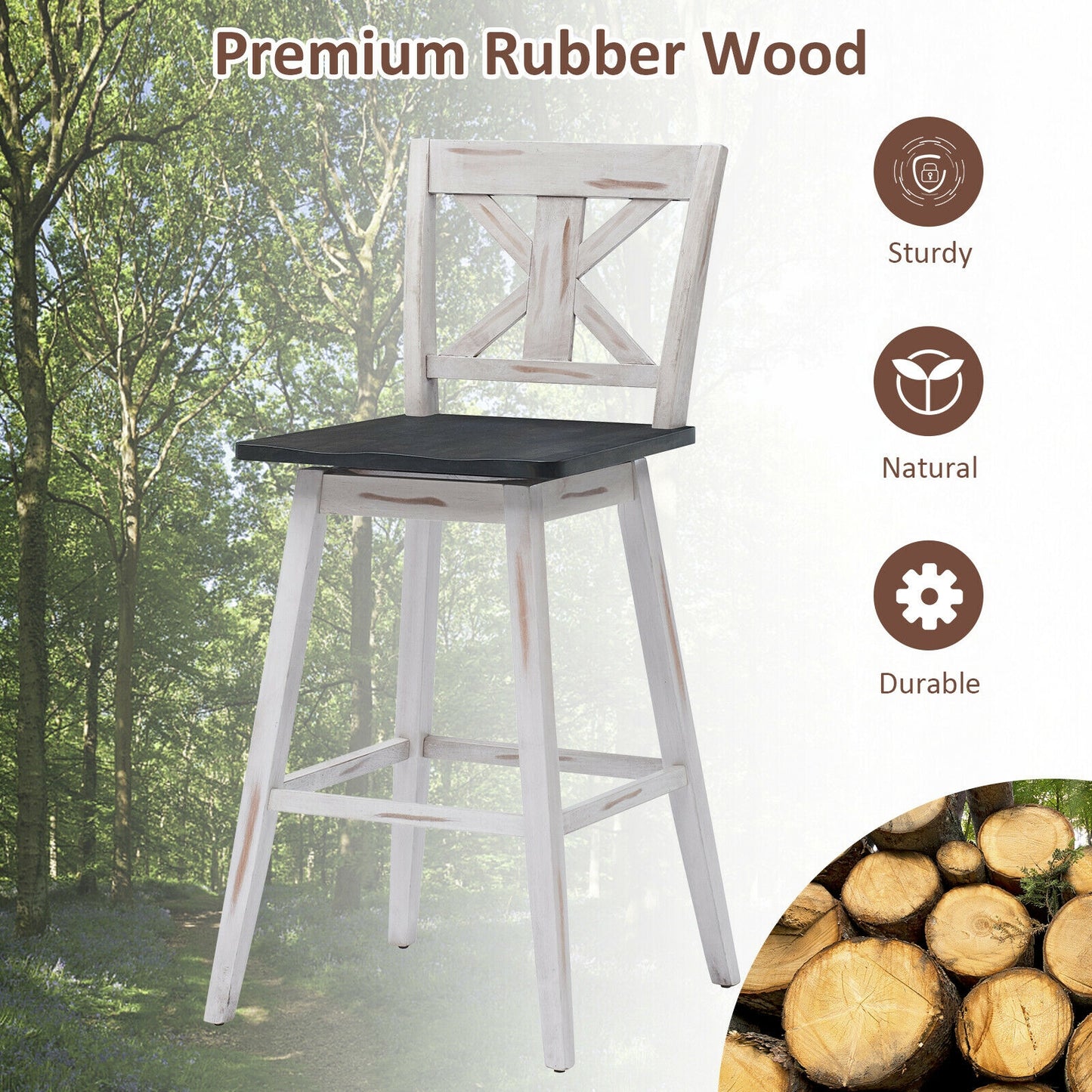 360 Degree Swivel Bar Stools Set of 2 with Backrest in White for Home or Bistro