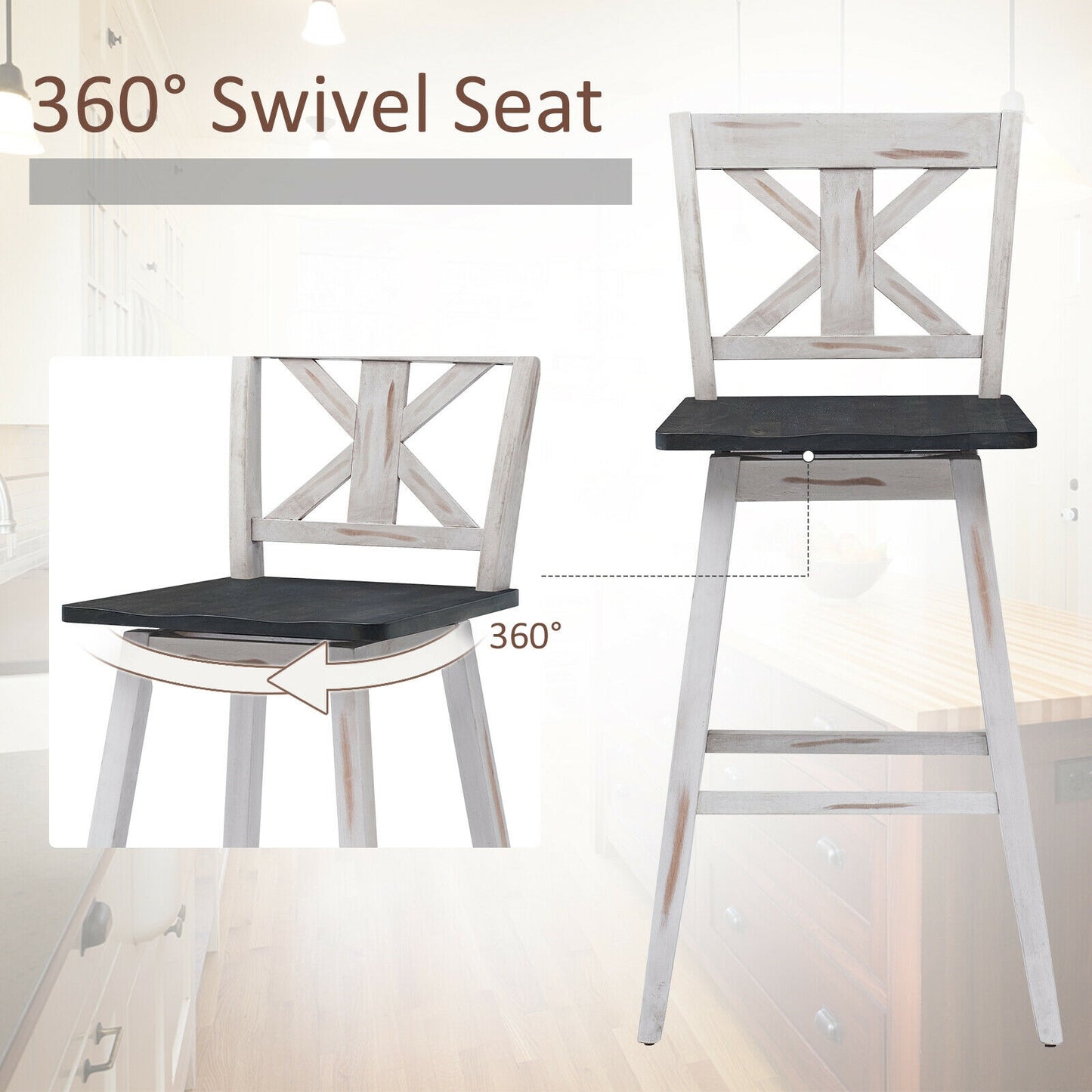 360 Degree Swivel Bar Stools Set of 2 with Backrest in White for Home or Bistro