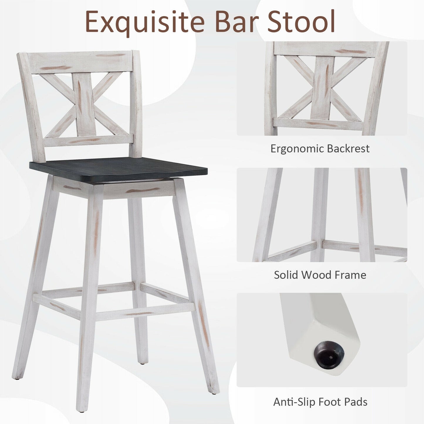 360 Degree Swivel Bar Stools Set of 2 with Backrest in White for Home or Bistro