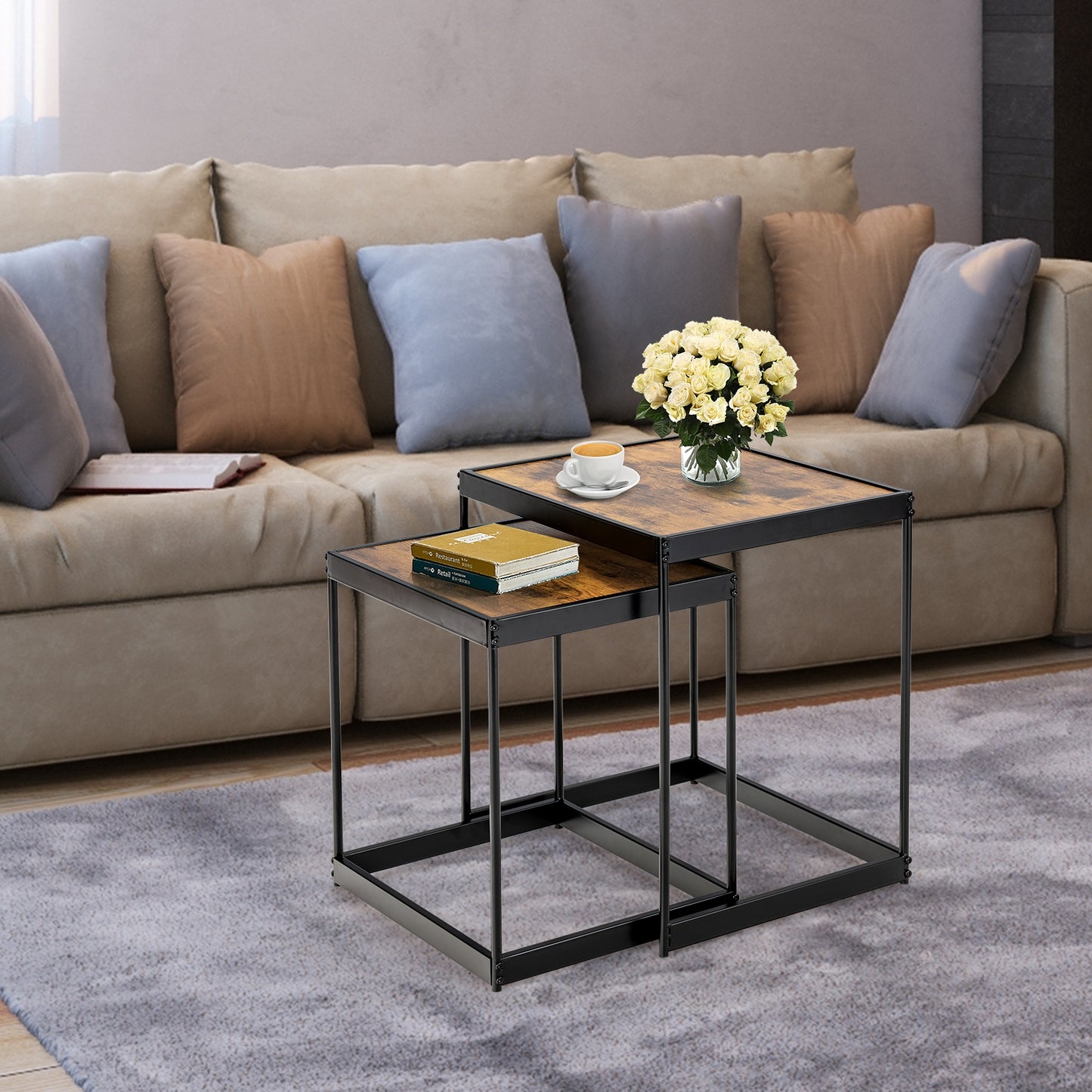 2 Piece Nesting Side Table Set with Metal Legs and Wood Finish for Living Room