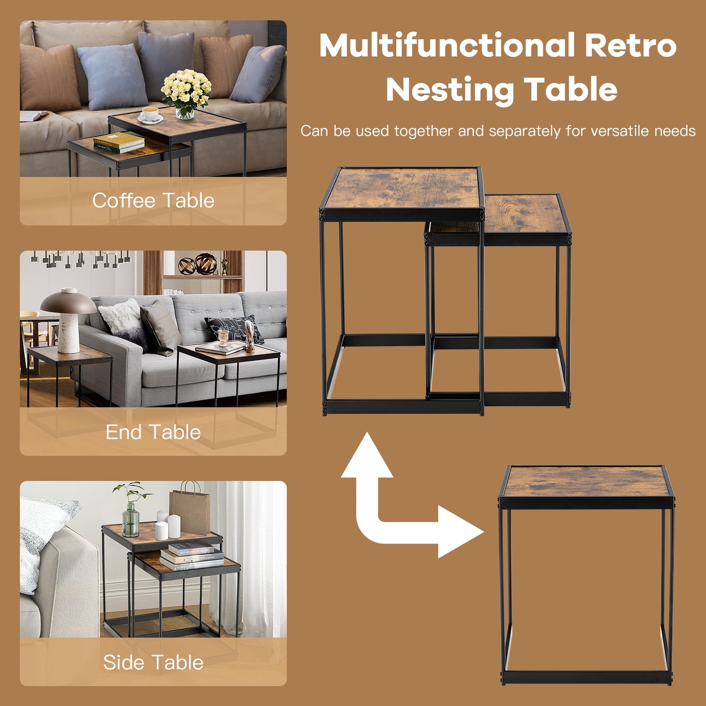2 Piece Nesting Side Table Set with Metal Legs and Wood Finish for Living Room