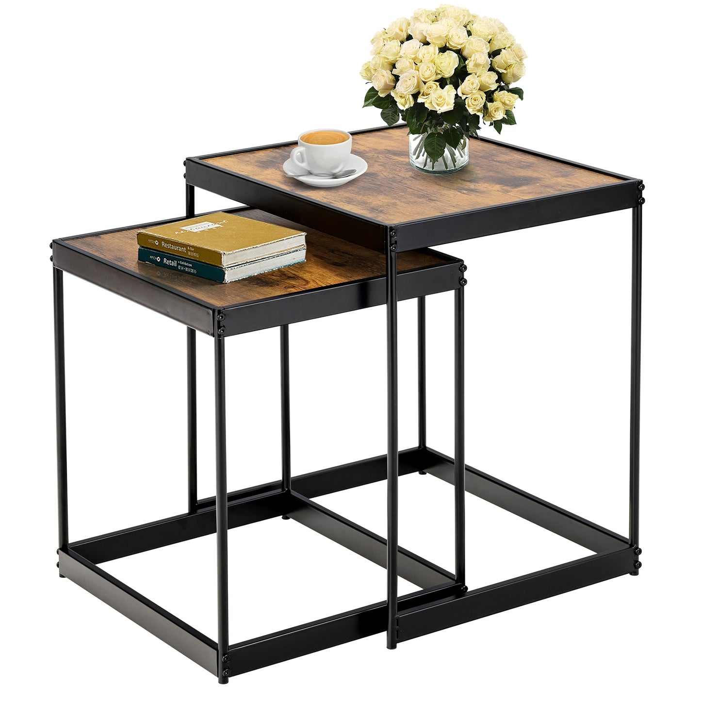 2 Piece Nesting Side Table Set with Metal Legs and Wood Finish for Living Room