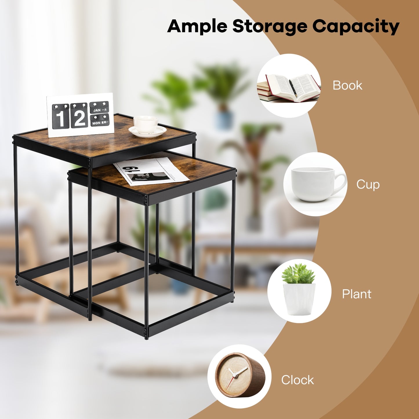 2 Piece Nesting Side Table Set with Metal Legs and Wood Finish for Living Room