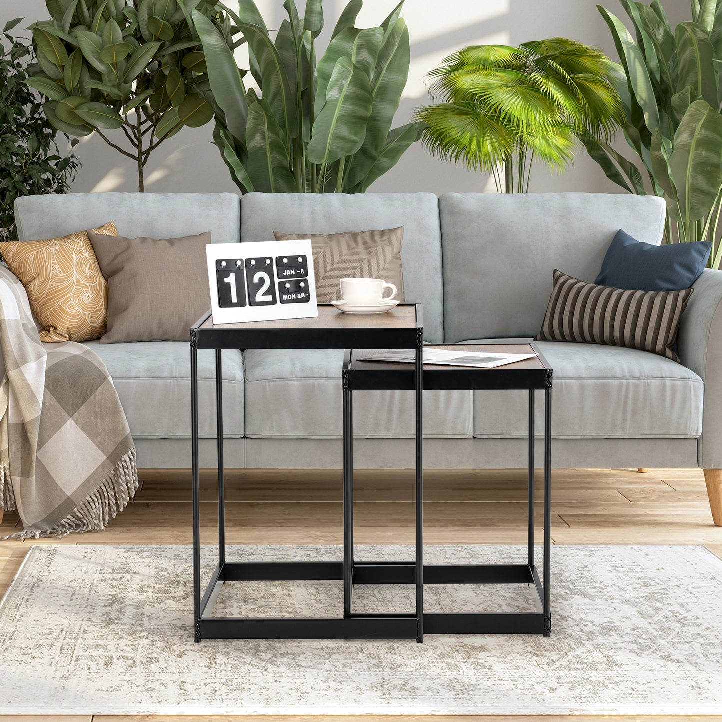 2 Piece Nesting Side Table Set with Metal Legs and Wood Finish for Living Room