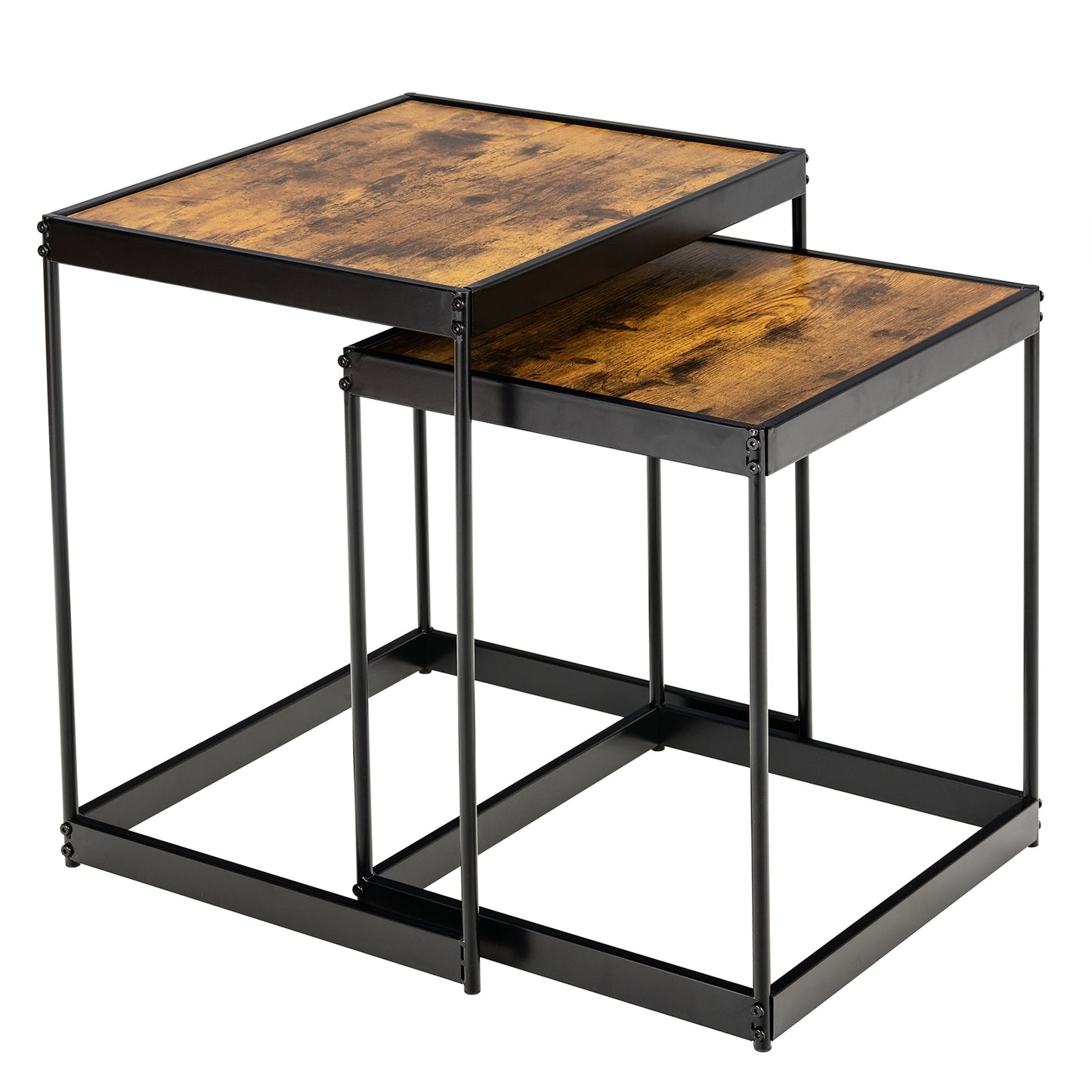2 Piece Nesting Side Table Set with Metal Legs and Wood Finish for Living Room