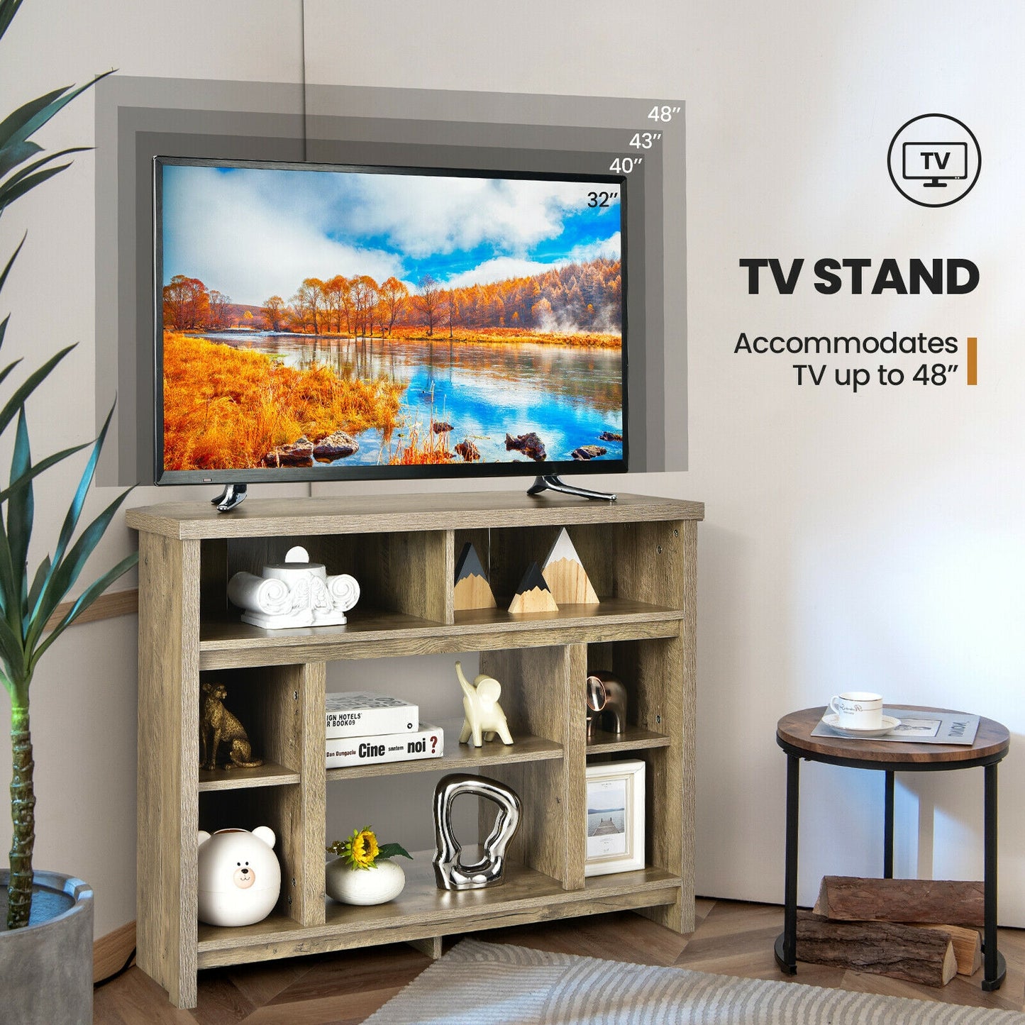 Sleek Space-Saving Corner TV Console with Adjustable Shelves for 48 Inch TVs - Natural