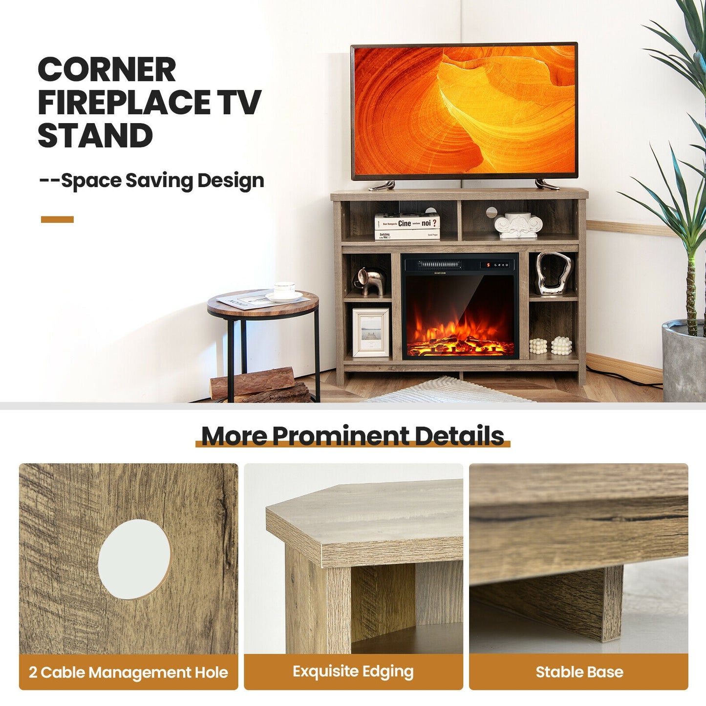 Sleek Space-Saving Corner TV Console with Adjustable Shelves for 48 Inch TVs - Natural