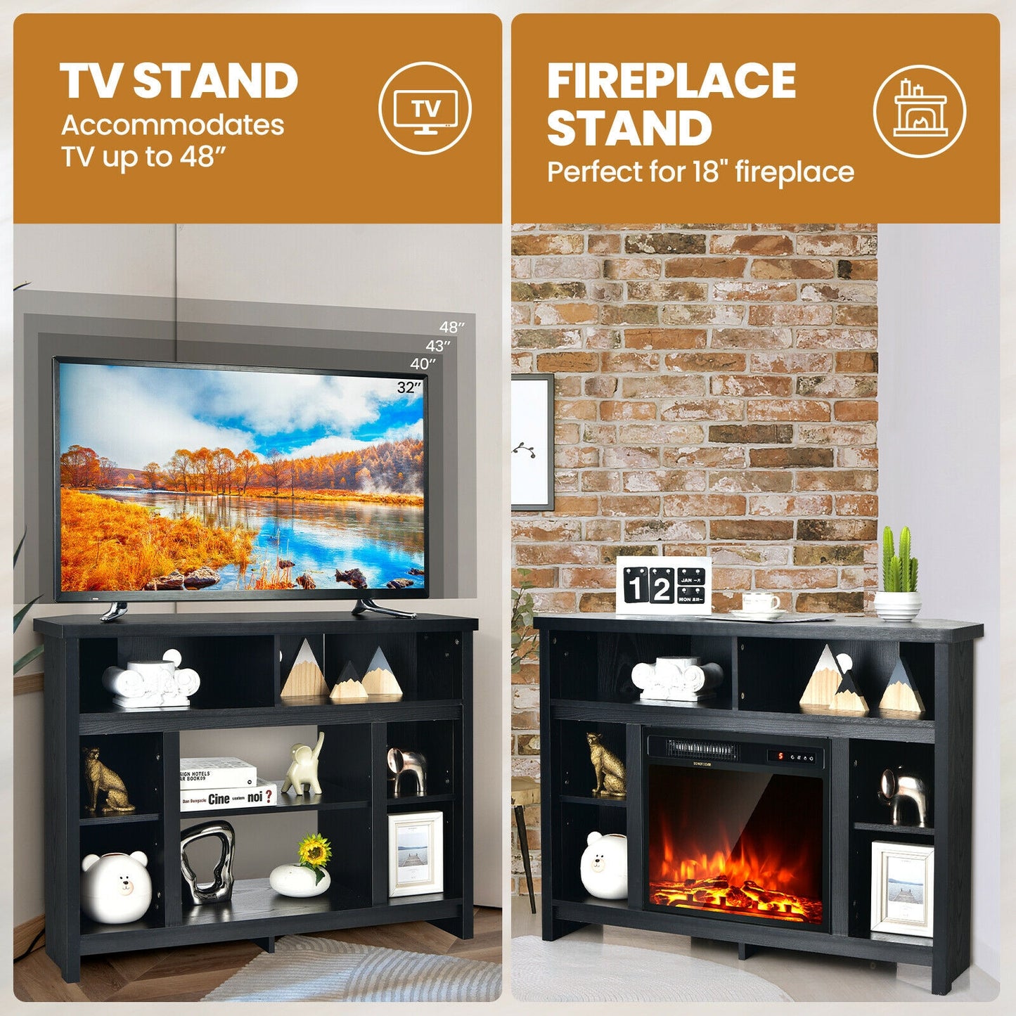 Sleek Space-Saving Corner TV Console with Adjustable Shelves for 48 Inch TVs - Black