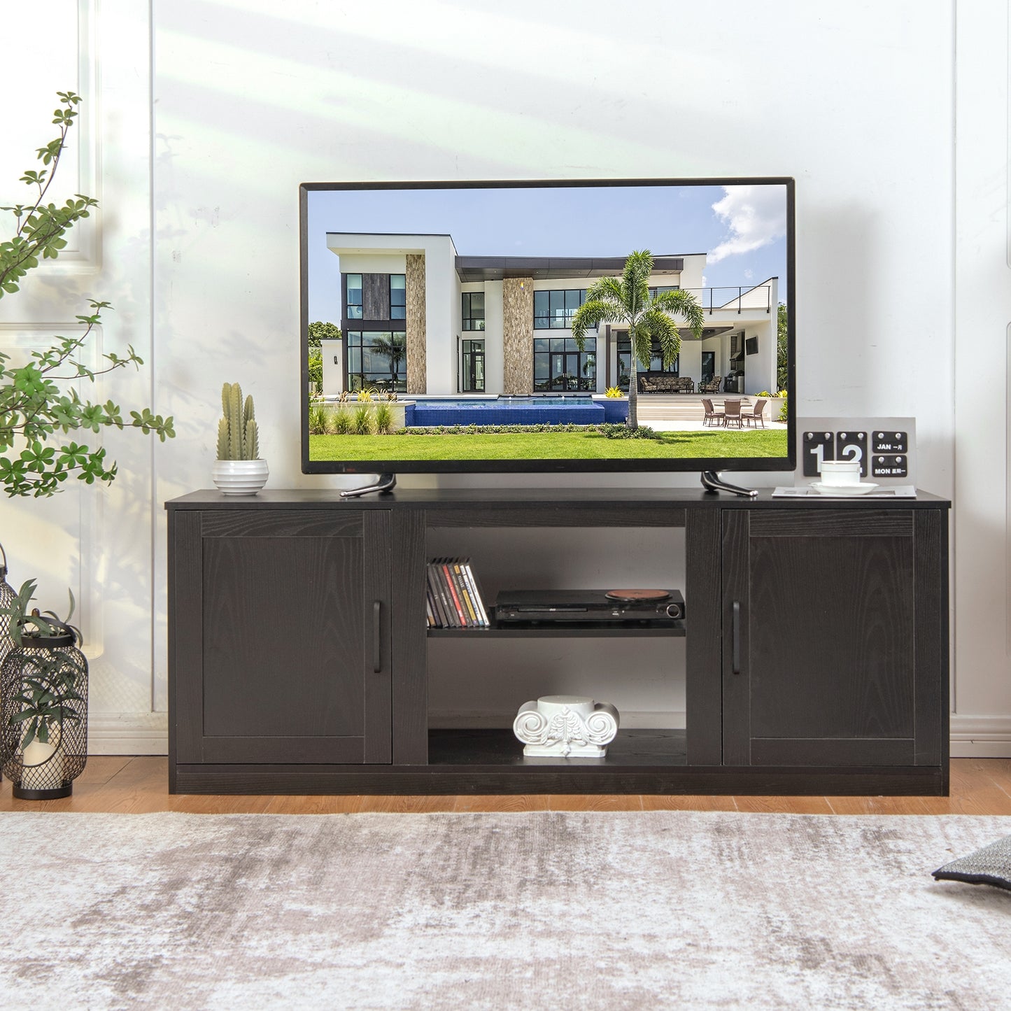 Rustic Entertainment Center for TVs up to 65 Inch with Cabinets and Fireplace Slot 58 Inch - Black