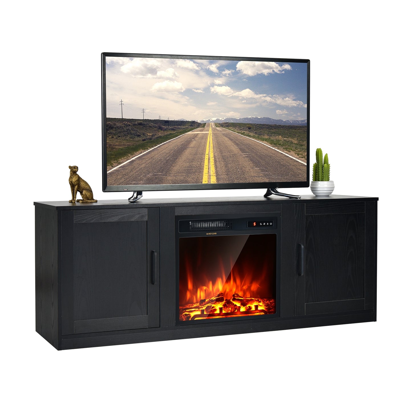 Rustic Entertainment Center for TVs up to 65 Inch with Cabinets and Fireplace Slot 58 Inch - Black