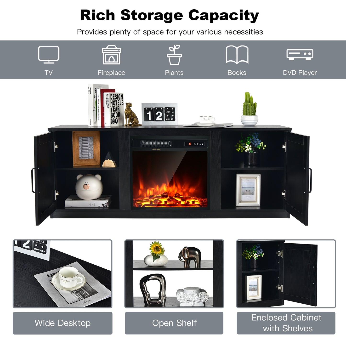 Rustic Entertainment Center for TVs up to 65 Inch with Cabinets and Fireplace Slot 58 Inch - Black