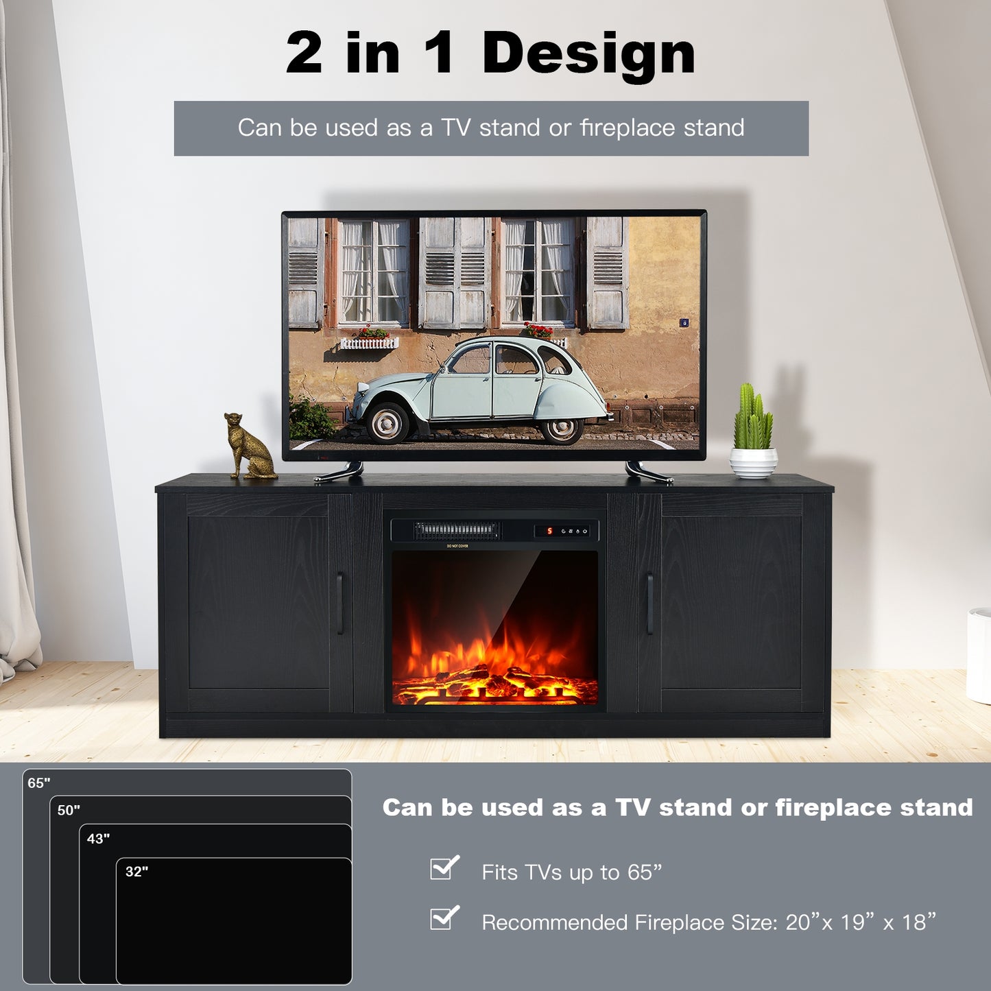 Rustic Entertainment Center for TVs up to 65 Inch with Cabinets and Fireplace Slot 58 Inch - Black