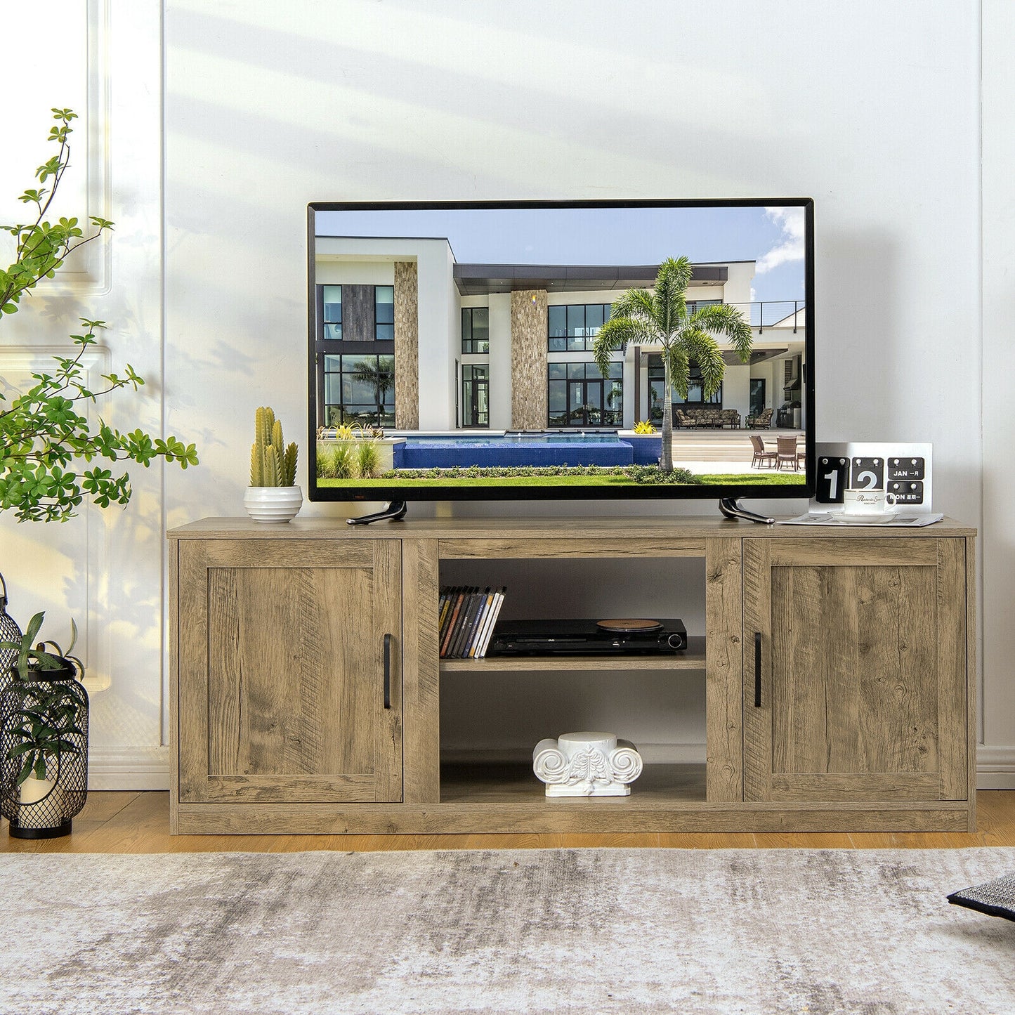 Rustic Entertainment Center for TVs up to 65 Inch with Cabinets and Fireplace Slot 58 Inch - Natural