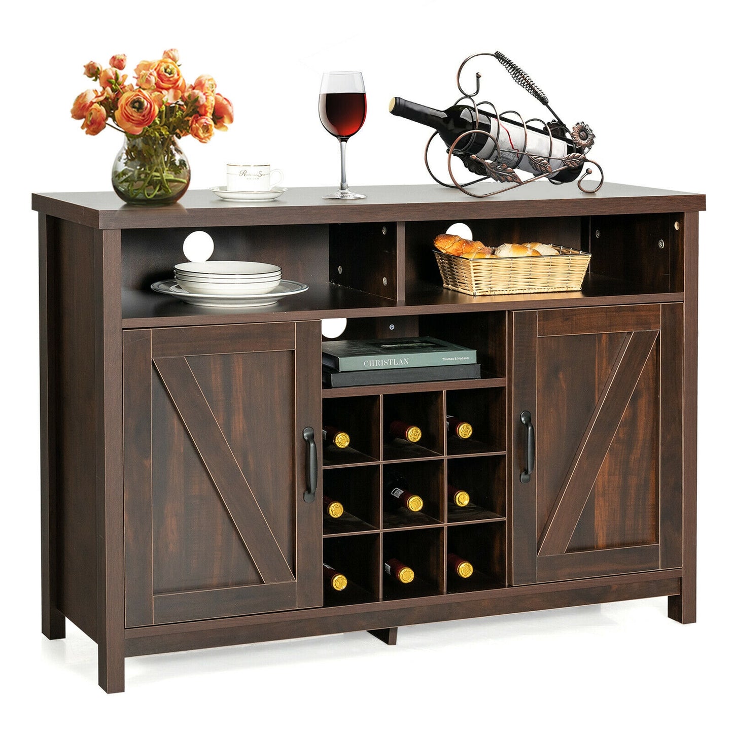 Farmhouse Buffet Cabinet with Removable Wine Rack and Storage Cabinets - Dark Brown