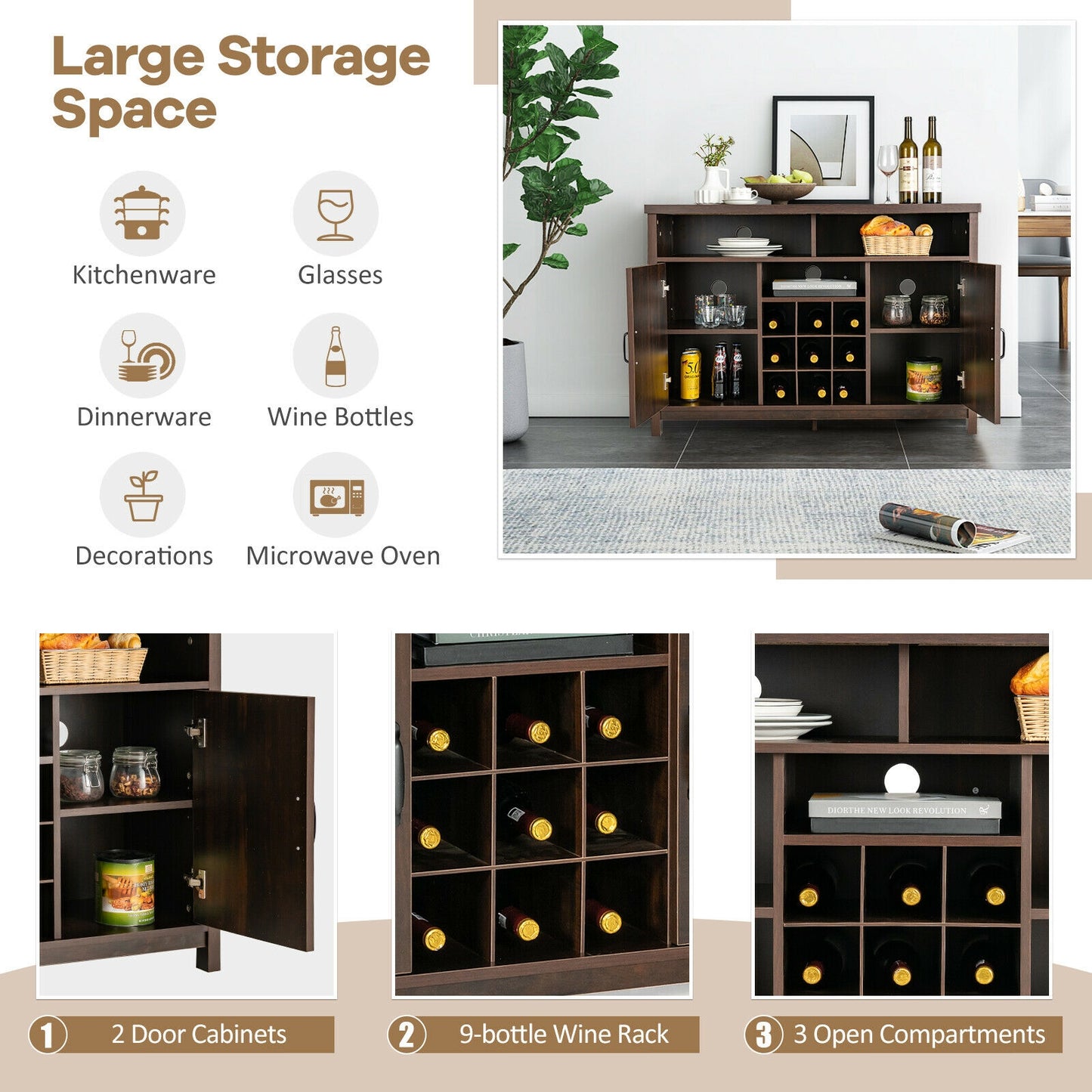 Farmhouse Buffet Cabinet with Removable Wine Rack and Storage Cabinets - Dark Brown